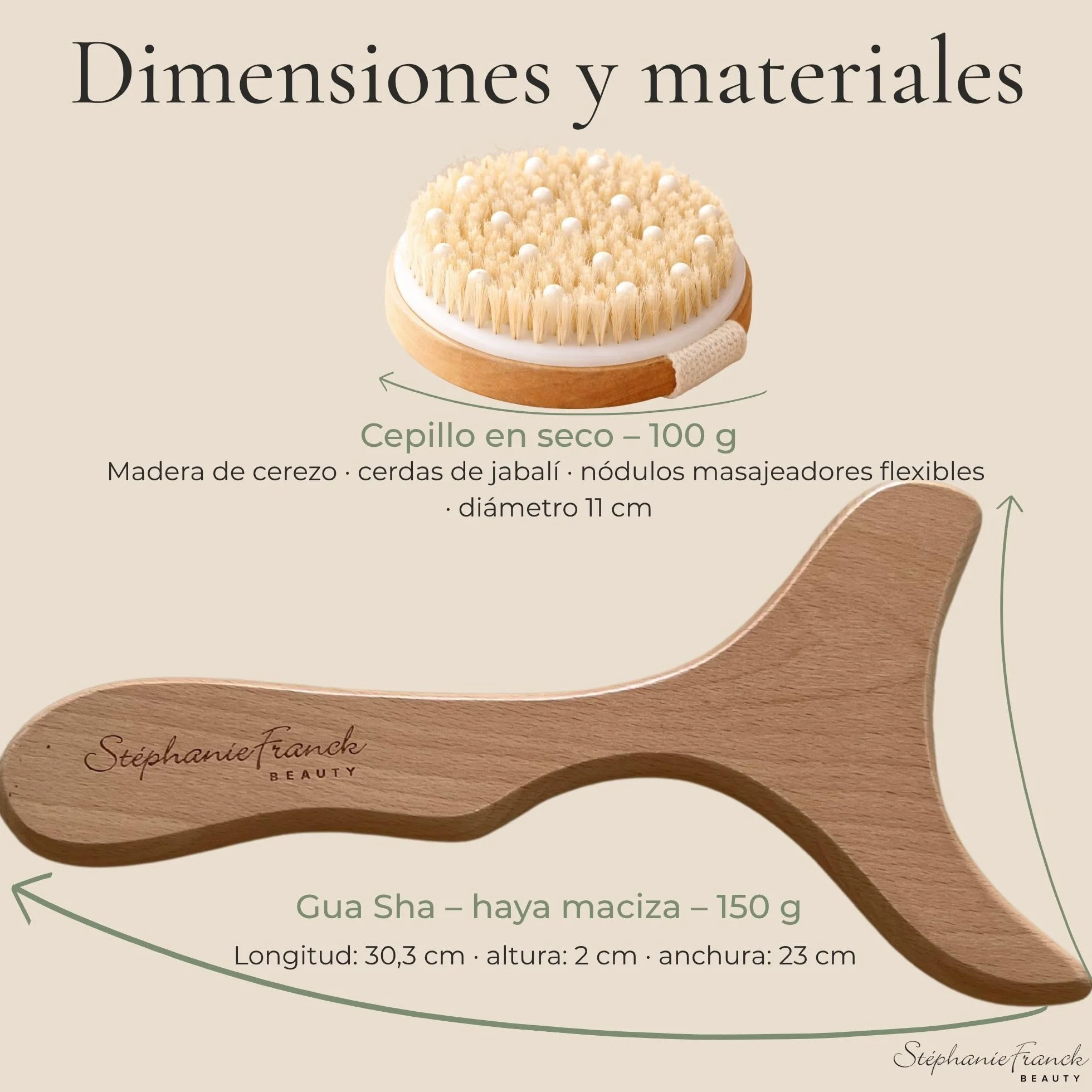 Stéphanie Franck Beauty Set Maderoterapia Cuerpo – Gua Sha Corporal de Madera y Cepillo en Seco – Masaje para Piernas, Muslos, Abdomen y Caderas