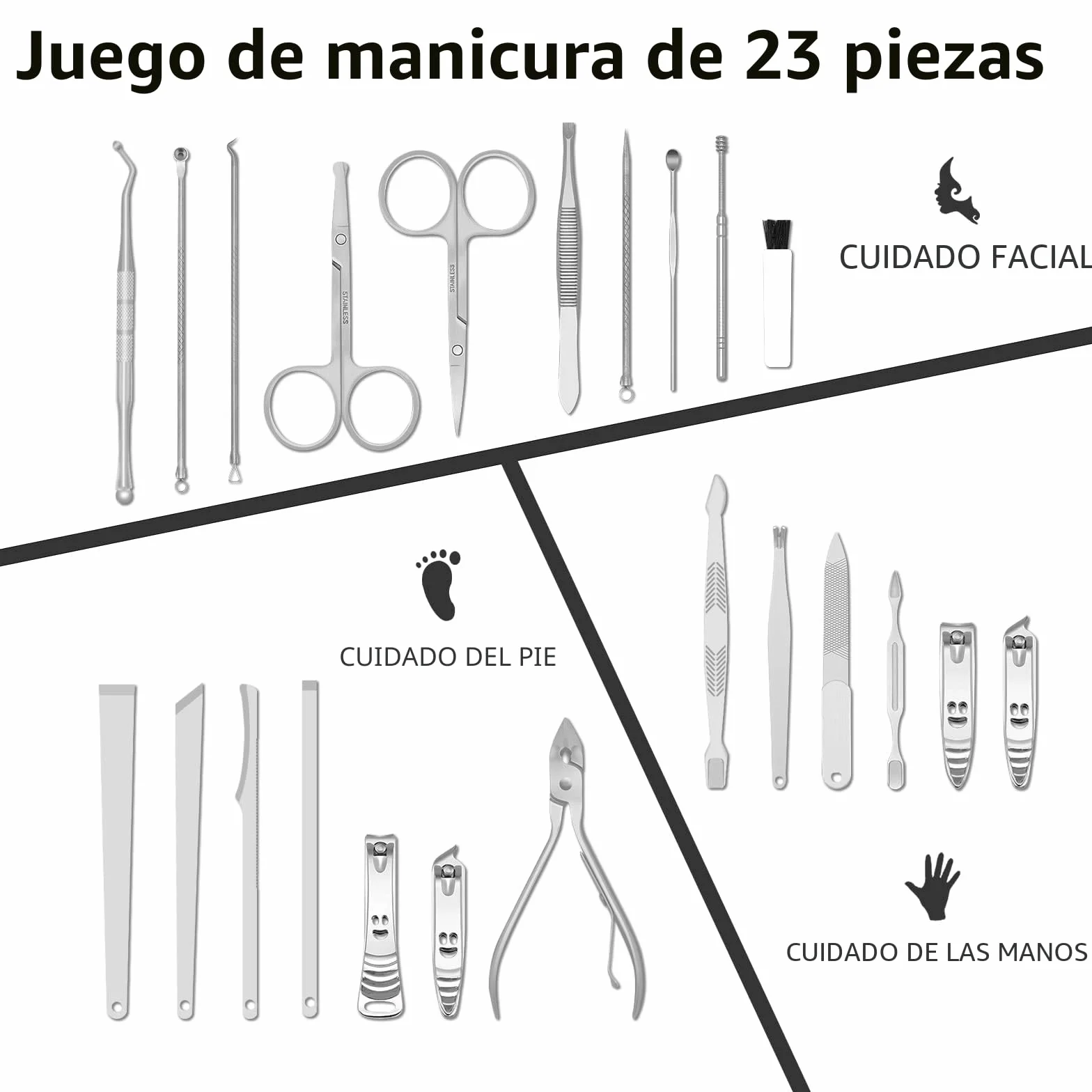 Set de Manicura y Pedicura 23 PCS Acero Inoxidable Profesional Cortaúñas con Estuche de Viaje Cuero Negro/Plata