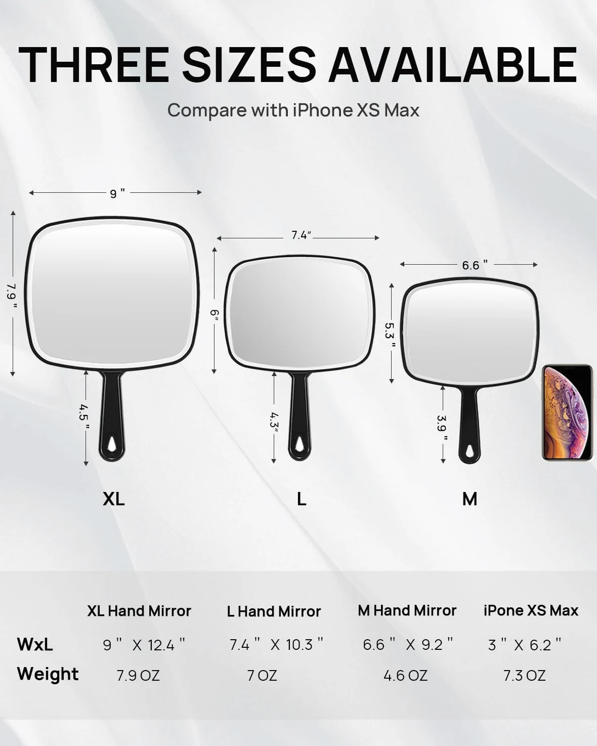 OMIRO Espejo de mano, grande negro con asa, 7.4 pulgadas de ancho x 10.3 pulgadas de largo, paquete de 3