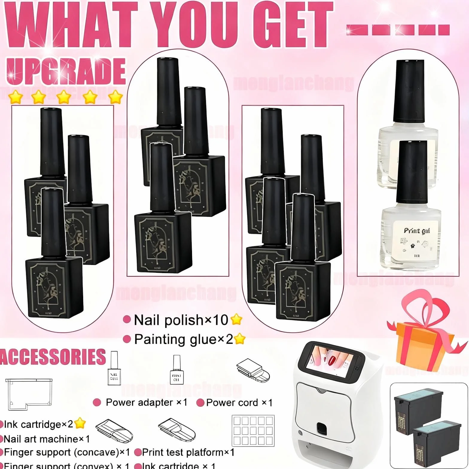 Kit De Impresora De UñAs - Impresora De UñAs 3D Digital MóVil para SalóN Y Hogar-WiFi/DiseñO DIY/Pantalla TáCtil | 10 Esmaltes De Gel + 2 Pegamentos para Pintar + 2 Cartuchos Tinta