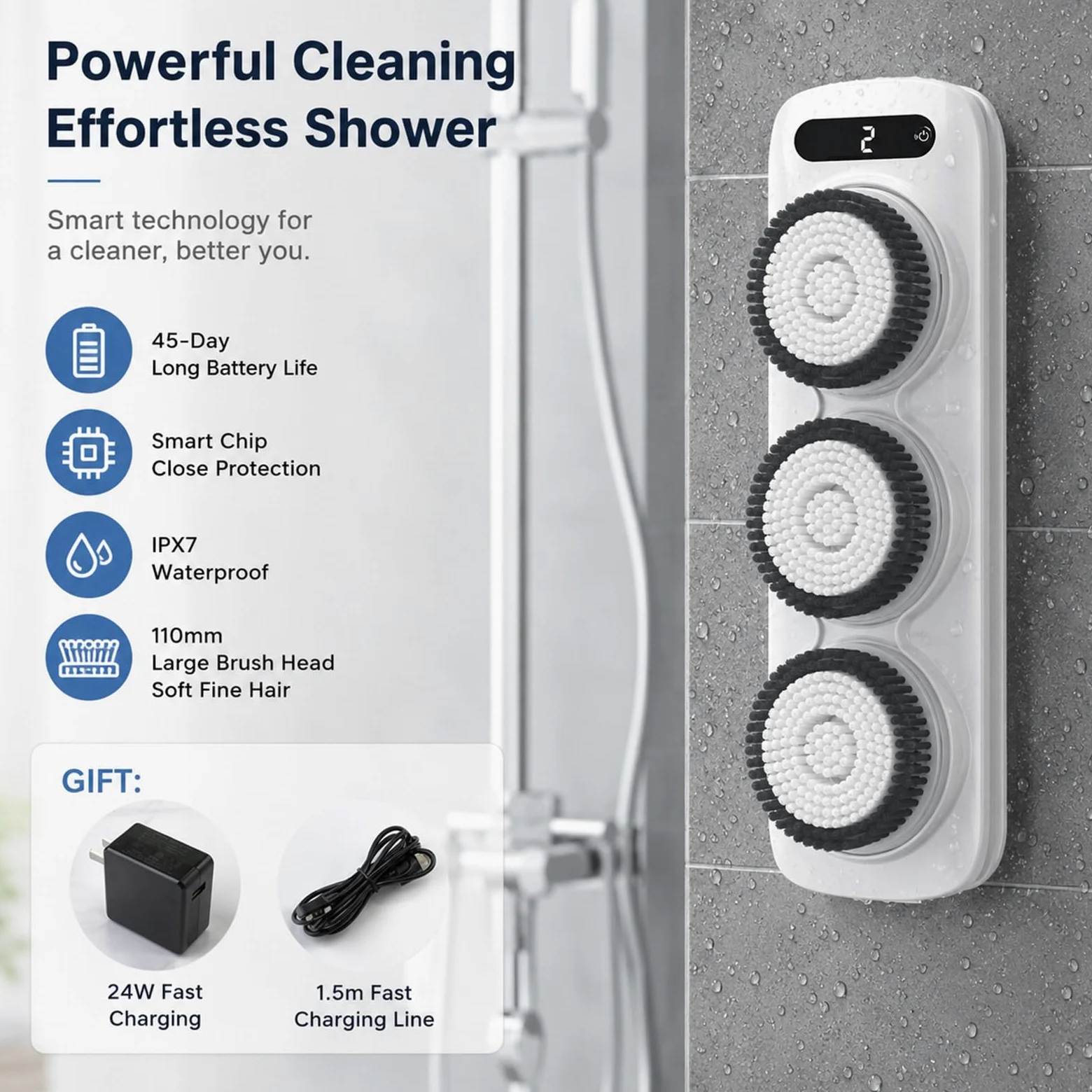 Cepillo Eléctrico Corporal con 3 Cabezales Motorizados, Cepillo para la Espalda de Ducha de Pared, Cerdas Suaves Exfoliantes, Diseño Manos Libres, 2 Velocidades, Altura Ajustable
