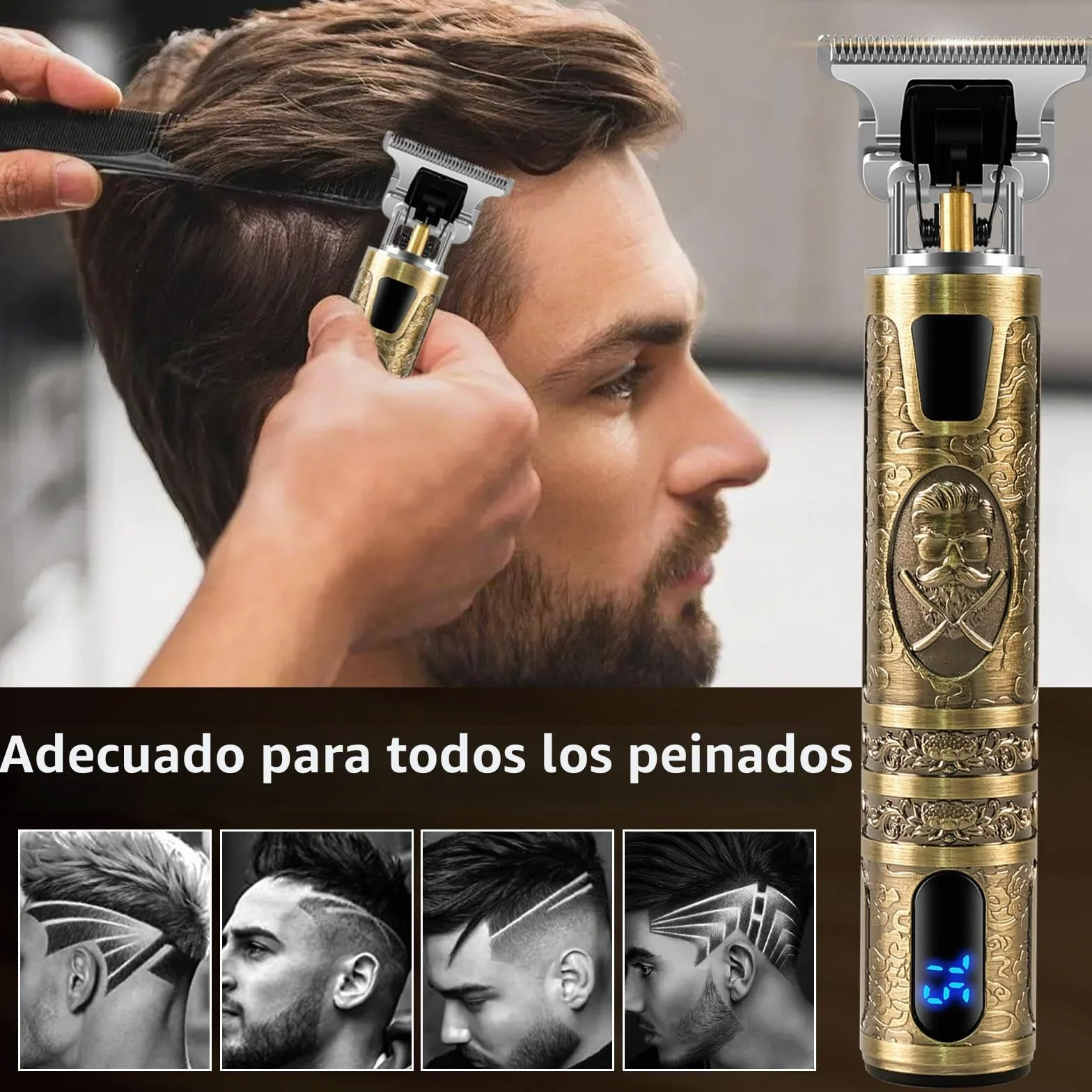Máquina de Cortar Pelo Hombre con LED, Cortapelos Recortar Barba Sin Cable, 4 Peines