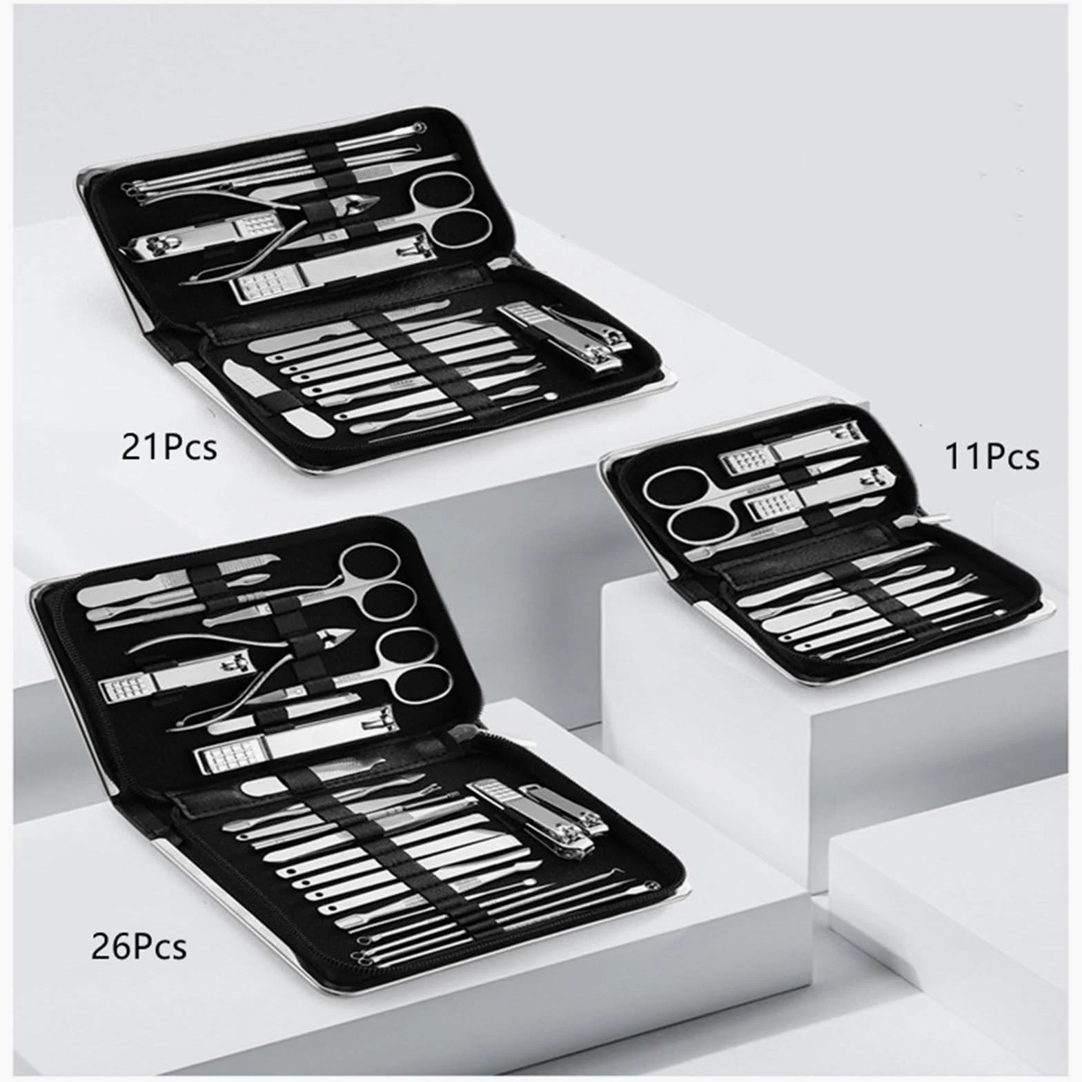 Kit de Manicura 11-26 Pcs Professional Stainless Steel Nail Clippers Manicure Set Cutter Scissor Cuticle Nipper Nail Tools Set Travel Case Kit Kit Cortauñas