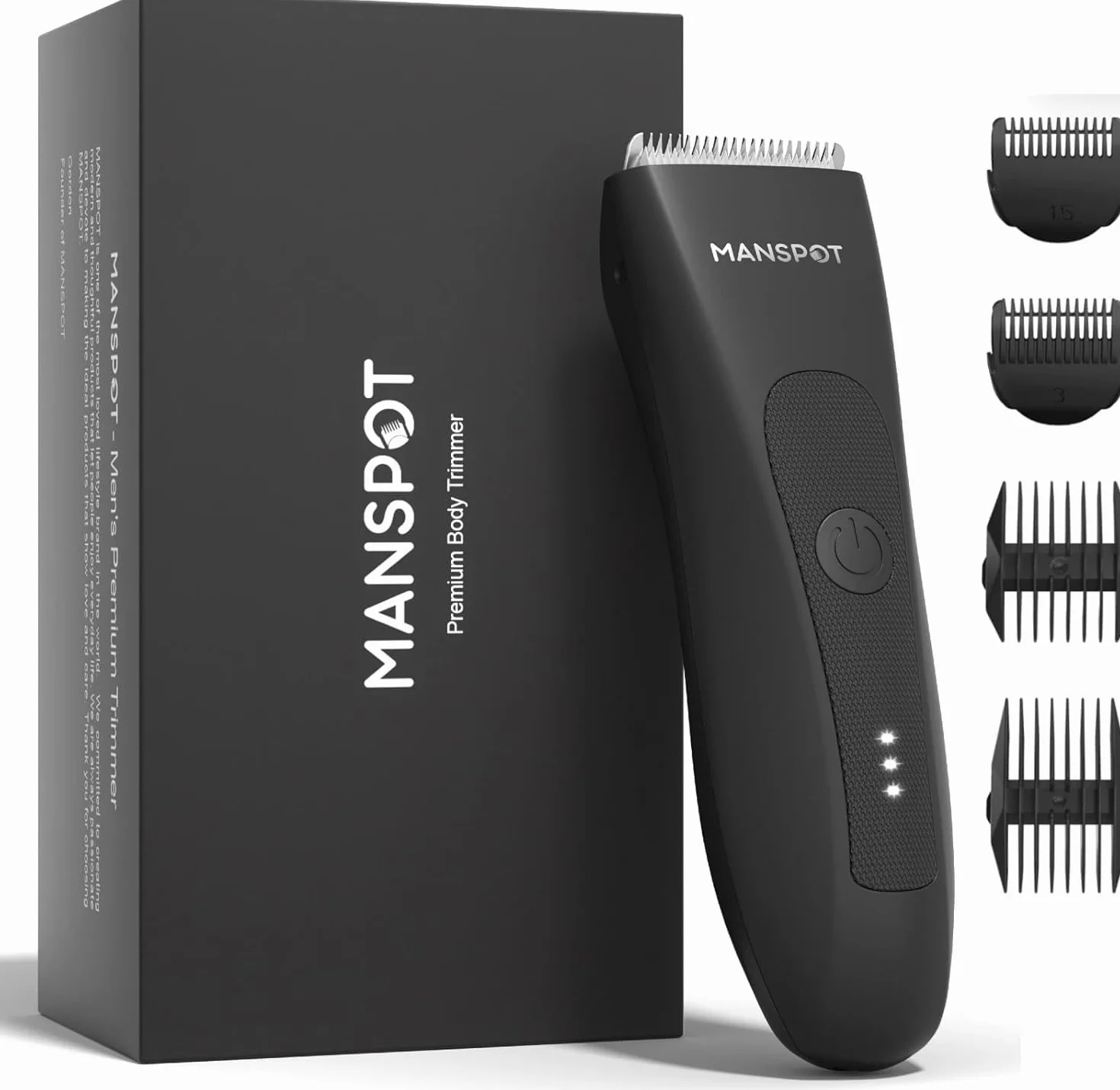 MANSPOT Afeitadora Corporal Masculina, Depiladora Corporal Hombre con Cuchilla de Cerámica, IPX7 Impermeable Wet & Dry, Recortadora Zona Íntima, Cuerpo, Axilas y Barba, 4 Peines Guía