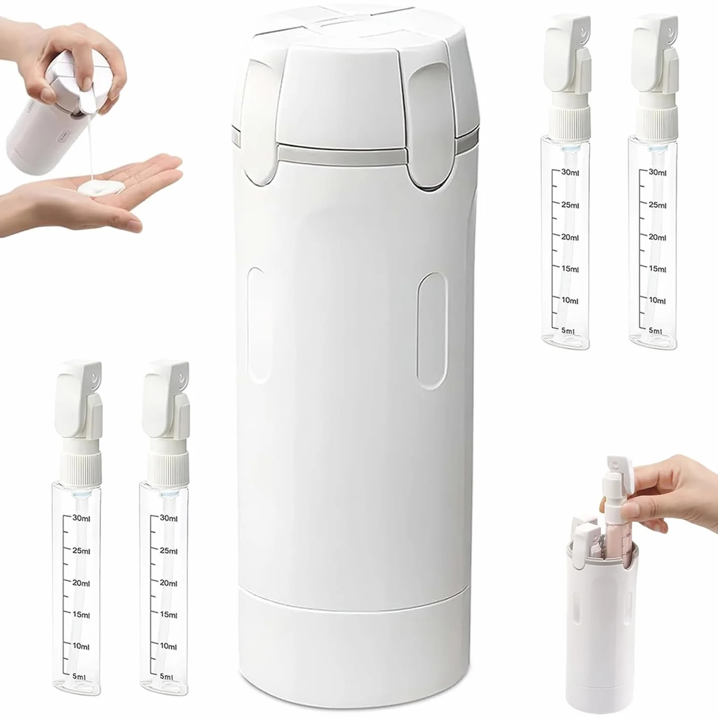 Botellas dispensadoras de Viaje Recargables 4 en 1 a Prueba de Fugas, Contenedores para champú (Blanco)