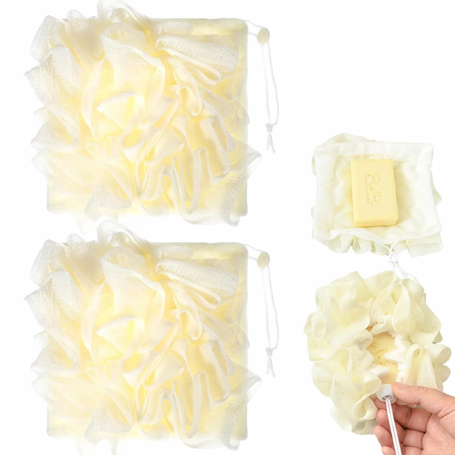 Esponja de baño 2-en-1 con bolsa para jabón, exfoliante corporal, cordón ajustable, lavable a máquina, amarillo
