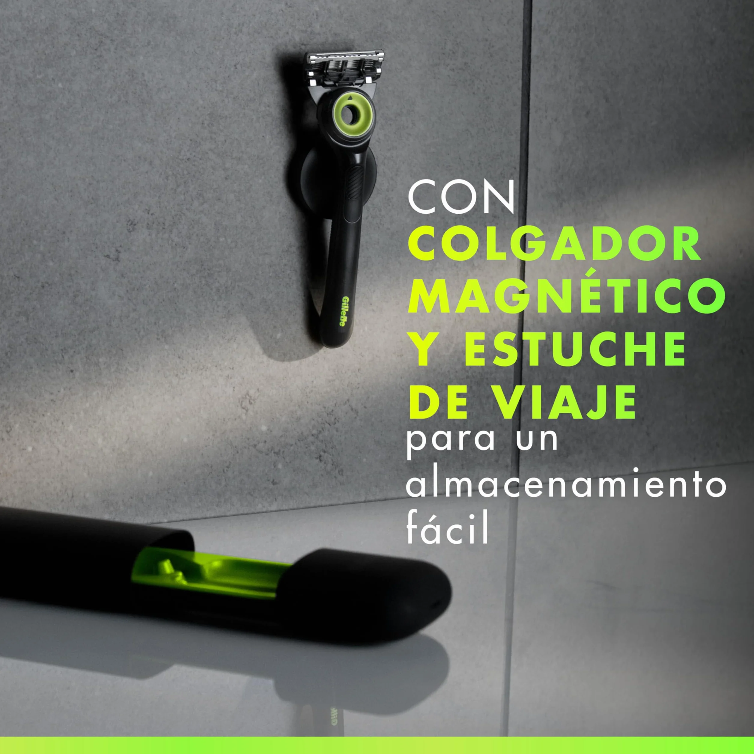 GilletteLabs Maquinilla de Afeitar Neon Night Edition, 1 Mango de Metal con Barra Exfoliante Integrada, 2 Cuchillas de Recambio con Banda Lubricante, 1 Estuche de Viaje, 1 Colgador de Pared