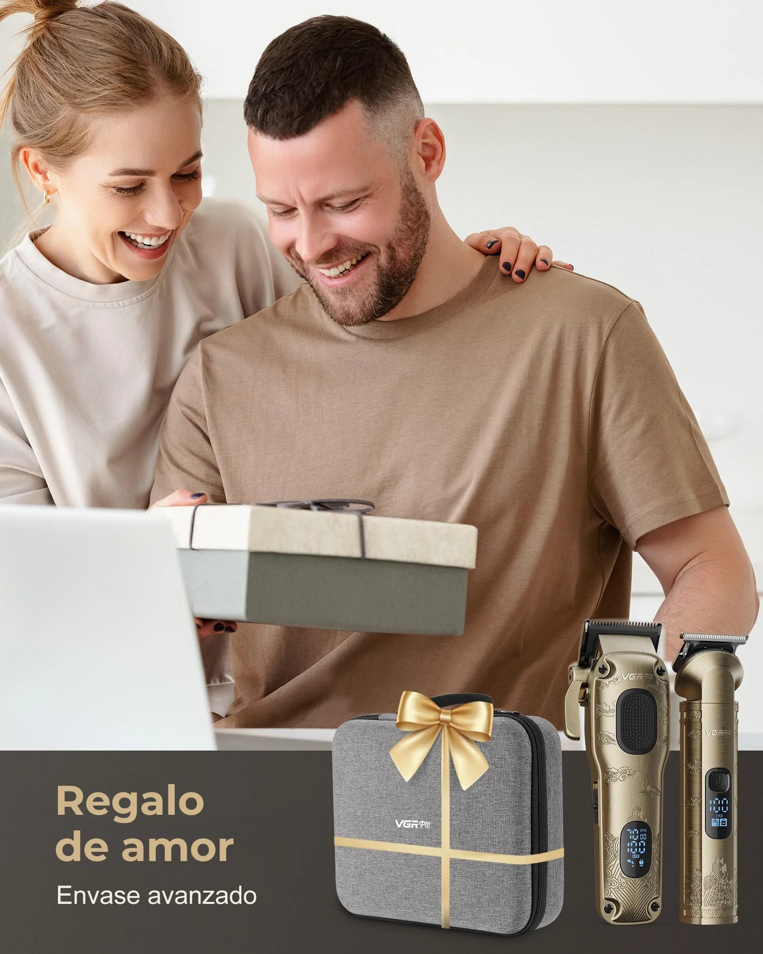 VGRPRO Profesional Cortapelos Hombre Inalámbrico Kit Cortadora de Pelo y Trimmer con Caja de Embalaje Dorado