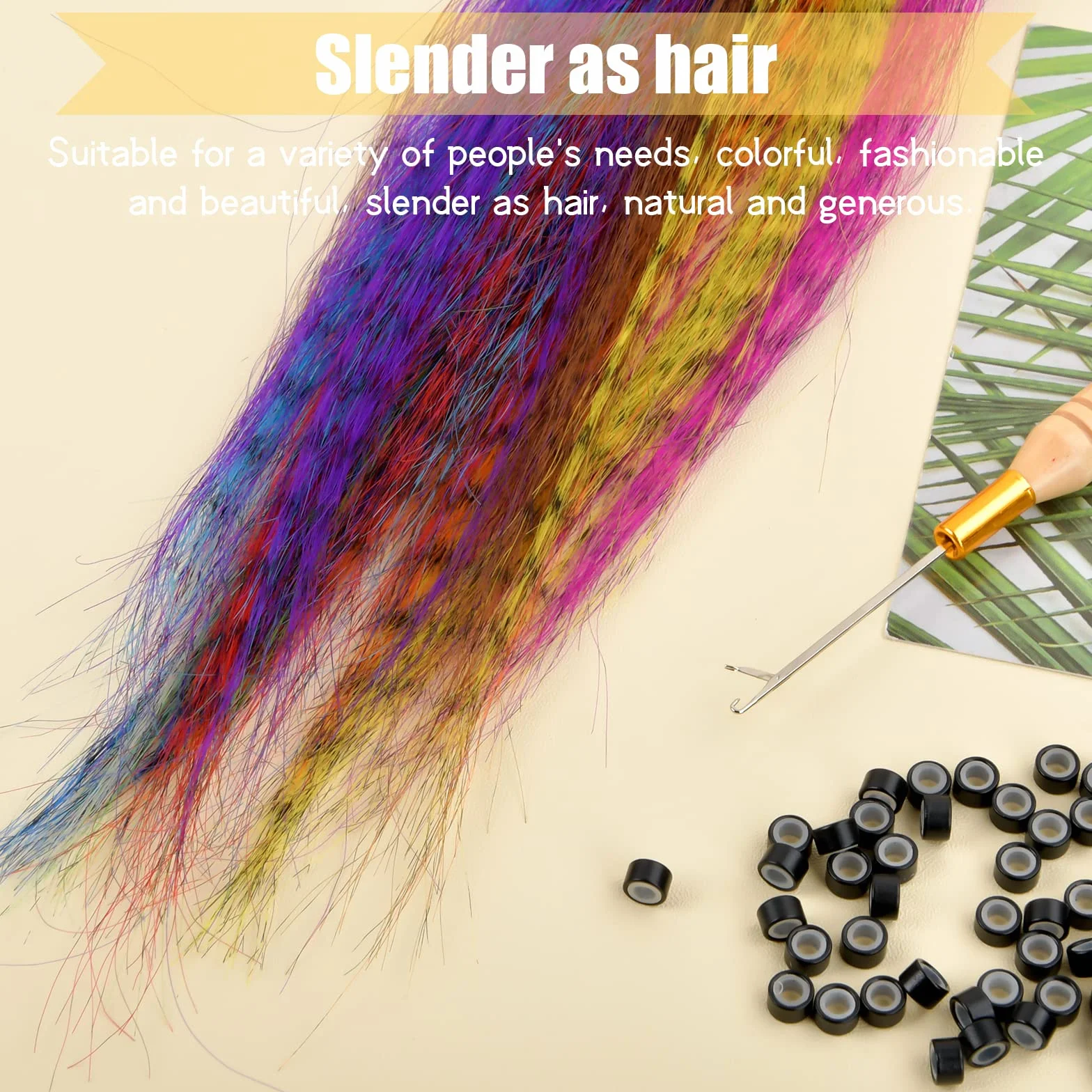 Extensiones de Pelo Plumas, Kit de Extensión con Cuentas para Mujeres - Cabello Sintético de Colores