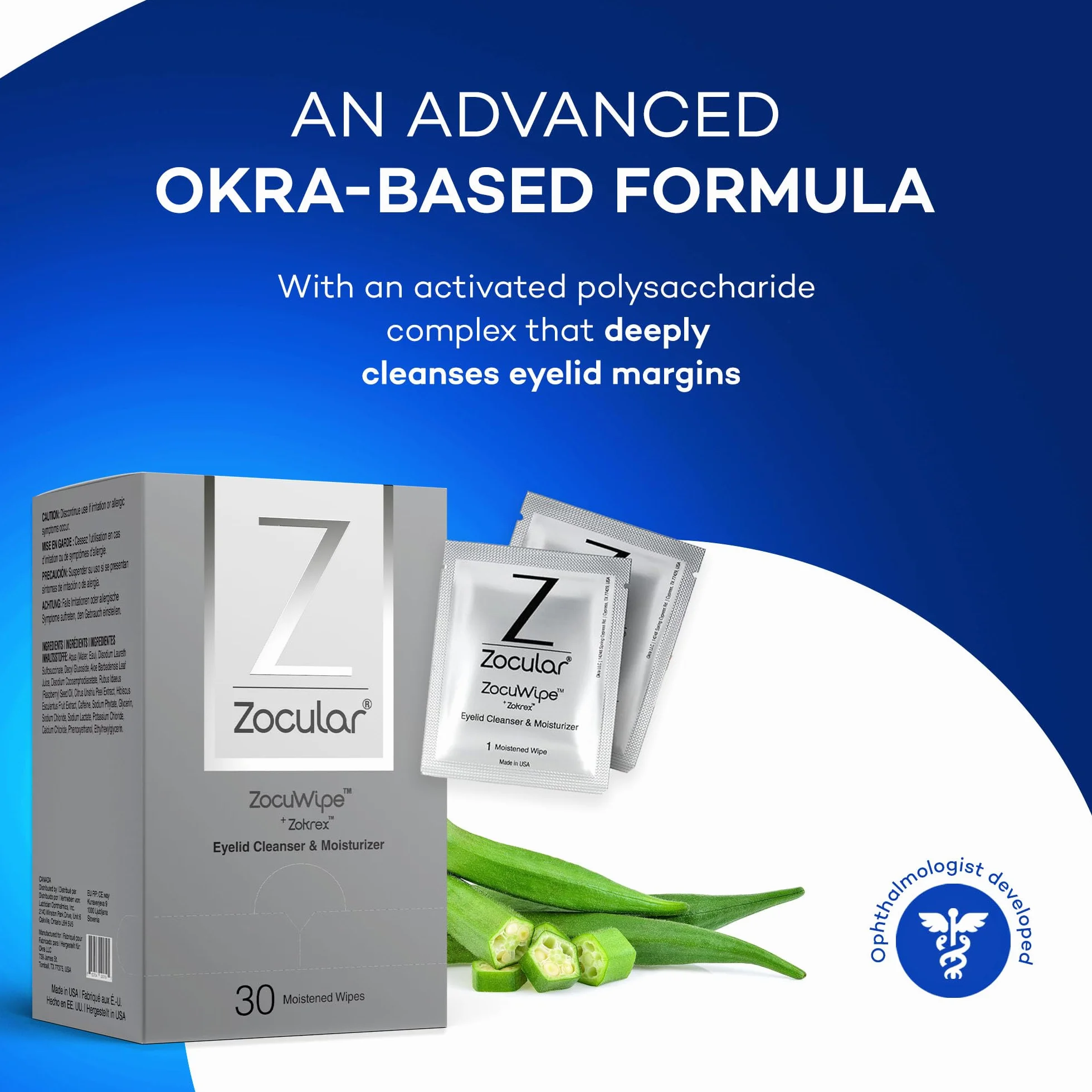 Zocular ZocuWipe - Toallitas limpiadoras de párpados con complejo de okra natural, limpiador diario suave de párpados y almohadillas hidratantes, desmaquillante y toallitas higiénicas para los ojos