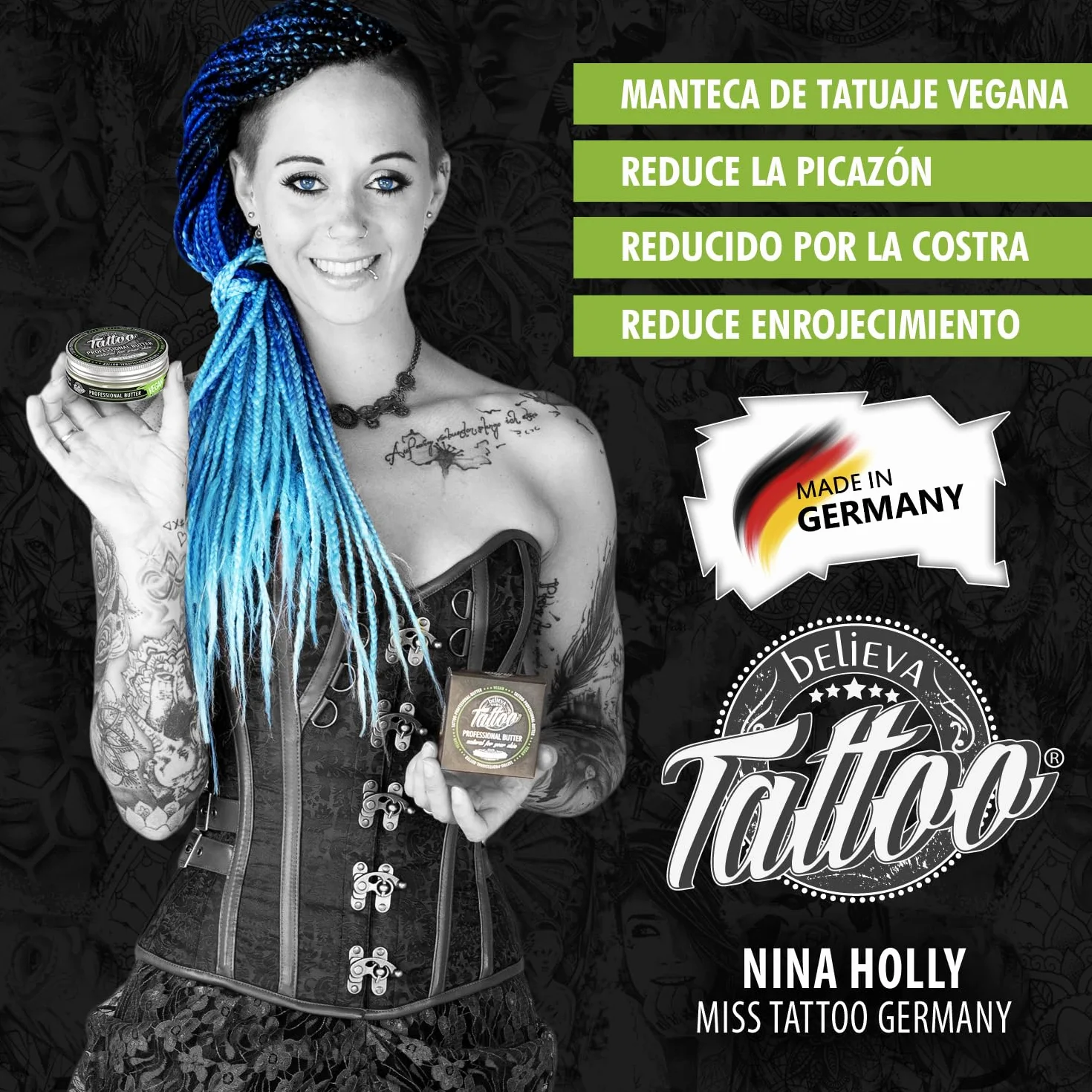 Believa Tattoo Butter – Cuidado premium para tatuajes con fórmula vegana e ingredientes naturales para colores de tatuaje vibrantes – Cuidado diario y aftercare para piel tatuada | 100 ml