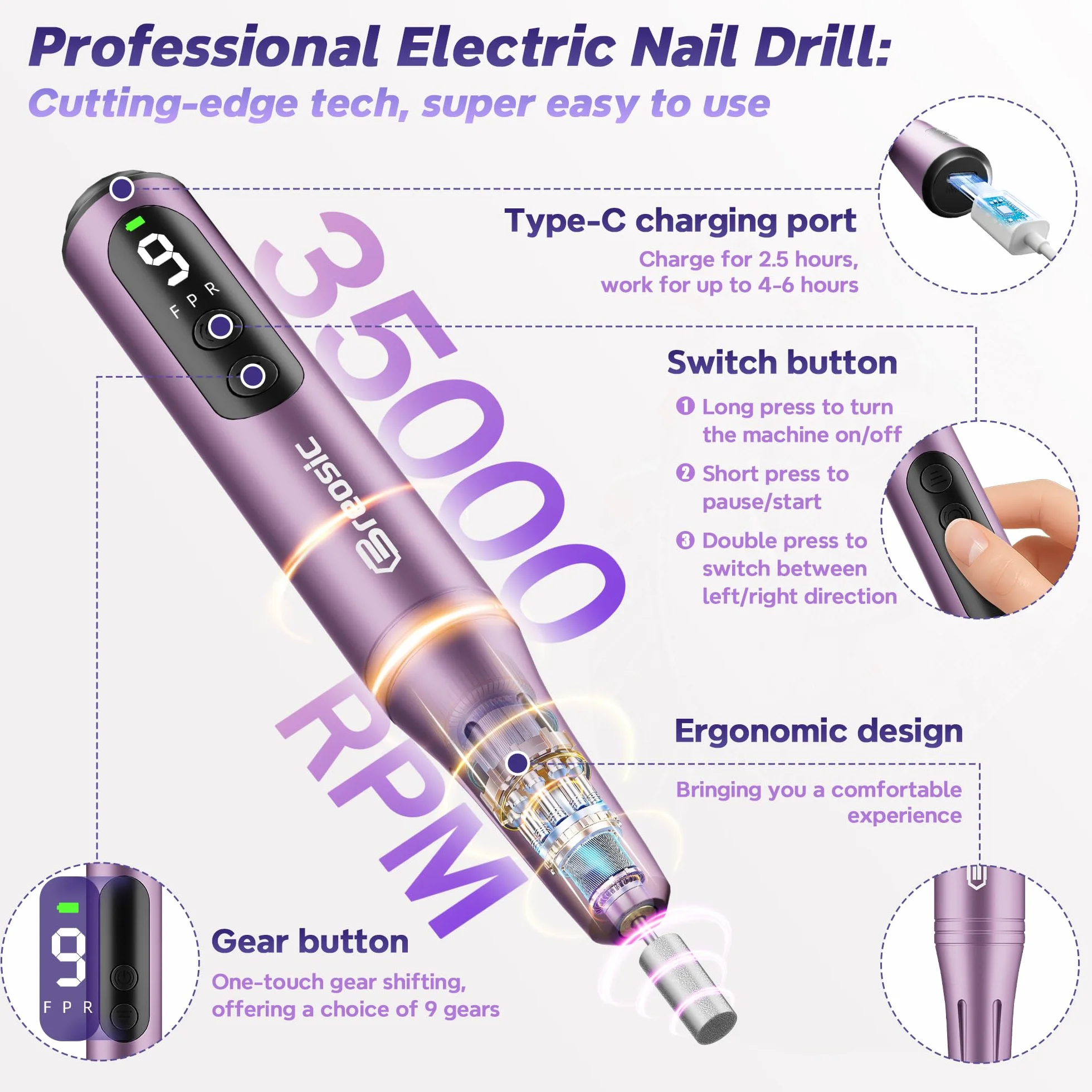 Torno para Uñas Profesional 35000 RPM 12 en 1 Nail Drill USB-C 9 Velocidades Manicura Pedicura