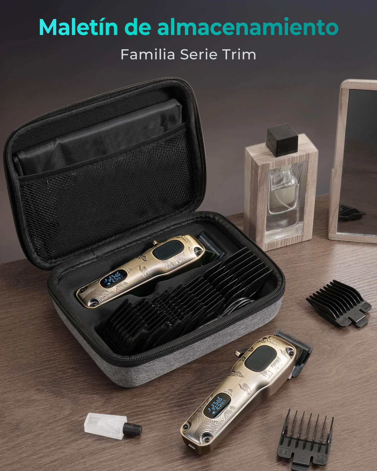 VGRPRO Profesional Máquina de Cortar Pelo Hombre Inalámbrico con Estuche LED Kit Dorado