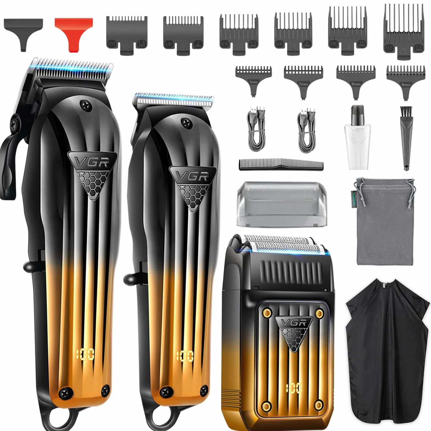 VGR 644 Cortapelos Profesional para Hombres, Recortadora de Barba Inalámbrica & Afeitadora Eléctrica, Kit de Corte de Cabello Recargable de 3 Piezas con Pantalla LED