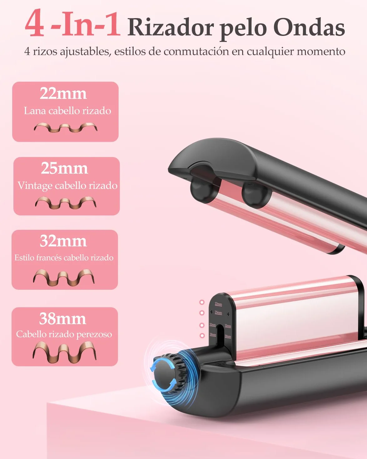 4 In 1 Ajustable Rizador Pelo Ondas - 22/25/32/38mm Plancha Pelo Ondas 3 Barriles Ondulador de Pelo Iónico, Anti-escaldamiento, Pantalla Digital, 4 Temperatura(140°C-210°C), Oro Rosa