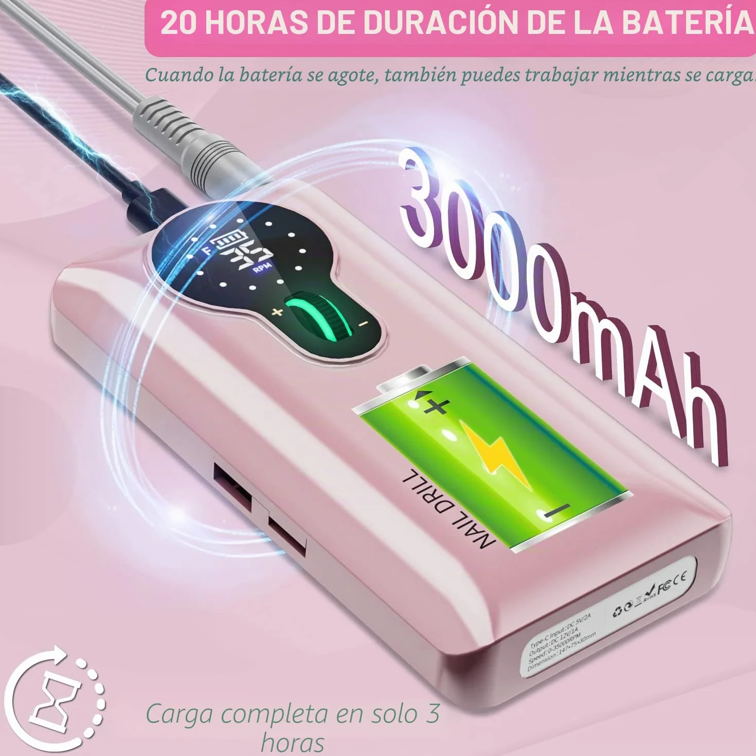 Torno para Uñas Profesional 35000 RPM, Autonomía 20H Lima Eléctrica Inalámbrica para Uñas de Gel y Acrílico, Kit con 13 Brocas y 56 Bandas de Lija, Pantalla LCD, Rosa (S506)