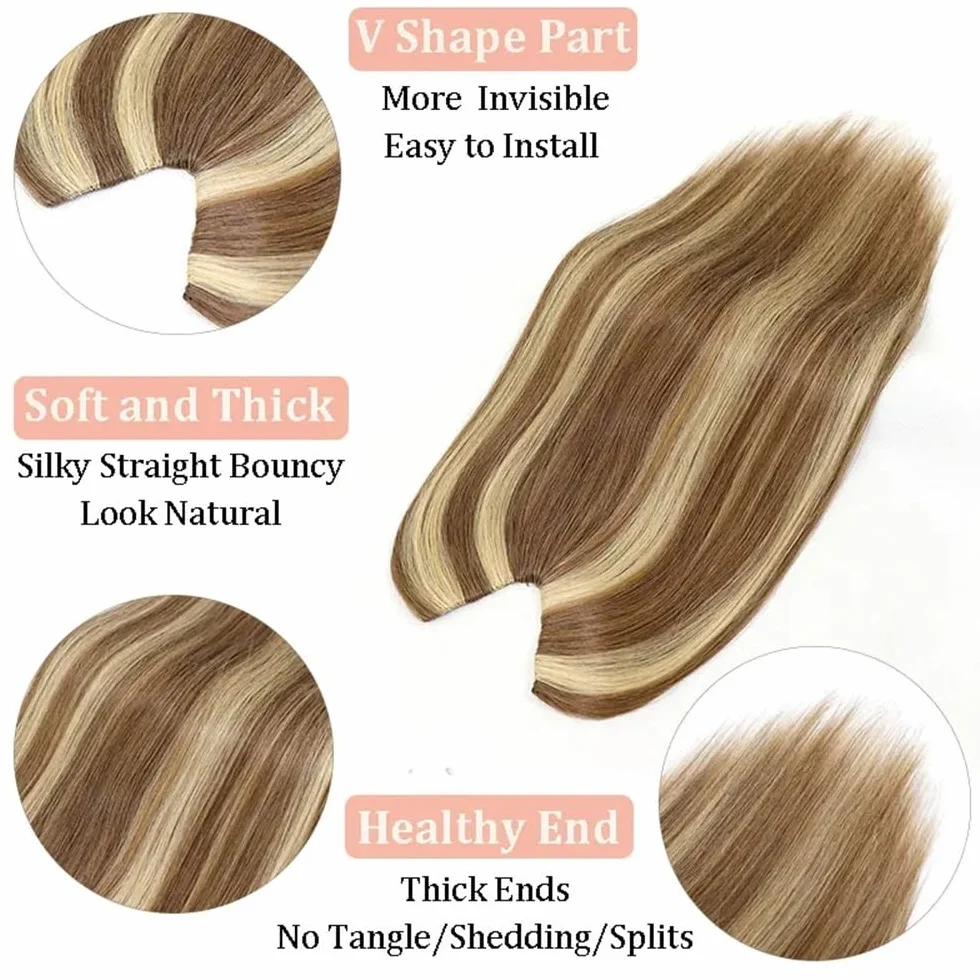 Adornos For El Cabello Con Parte En V De 16 Pulgadas For Mujeres, Cabello Humano Real, Postizo De Aspecto Natural Con Clips, Cómodo For El Uso Diario, Agrega Volumen Y Cobertura Suave y Natural(12)