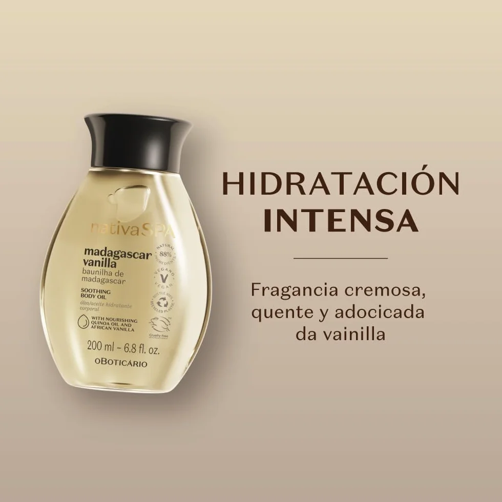 O Boticário | Nativa SPA | Vainilla | Aceite Corporal Perfumado | 3x 200 ml | Vegano | Con Gotas de Quinoa | Hidratación Profunda | Piel Suave y Sedosa | Absorción Rápida | Vainilla de Madagascar