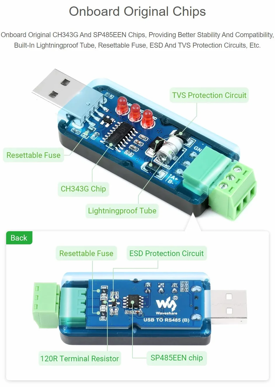 Waveshare Industrial USB to RS485 Bidirectional Converter CH343G SP485EEN ESD TVS Protection Mac Linux Android WinCE Win11/10/8.1/8/7/XP