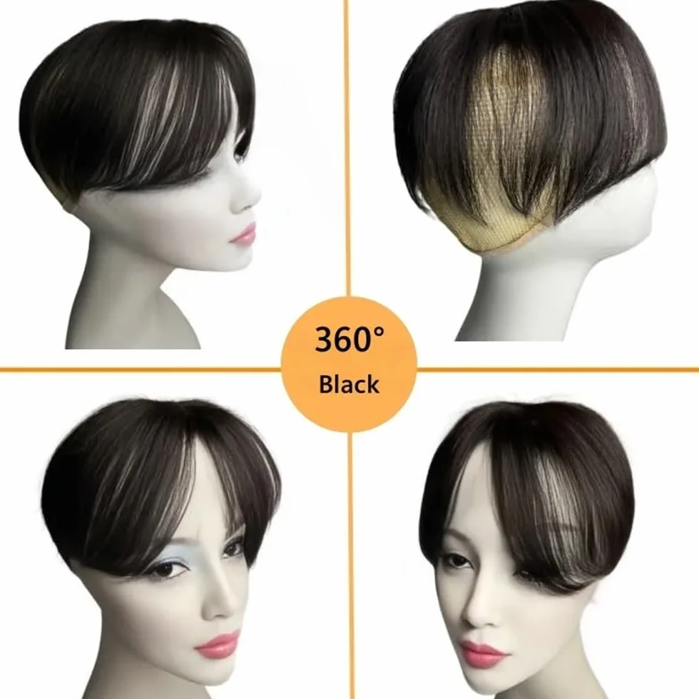 Extensiones de cabello humano natural de 8x10 cm for mujer, con clips finos y encaje suizo for cubrir la calvicie o las canas. 15 cm para mujeres encantadoras(Natural Black)