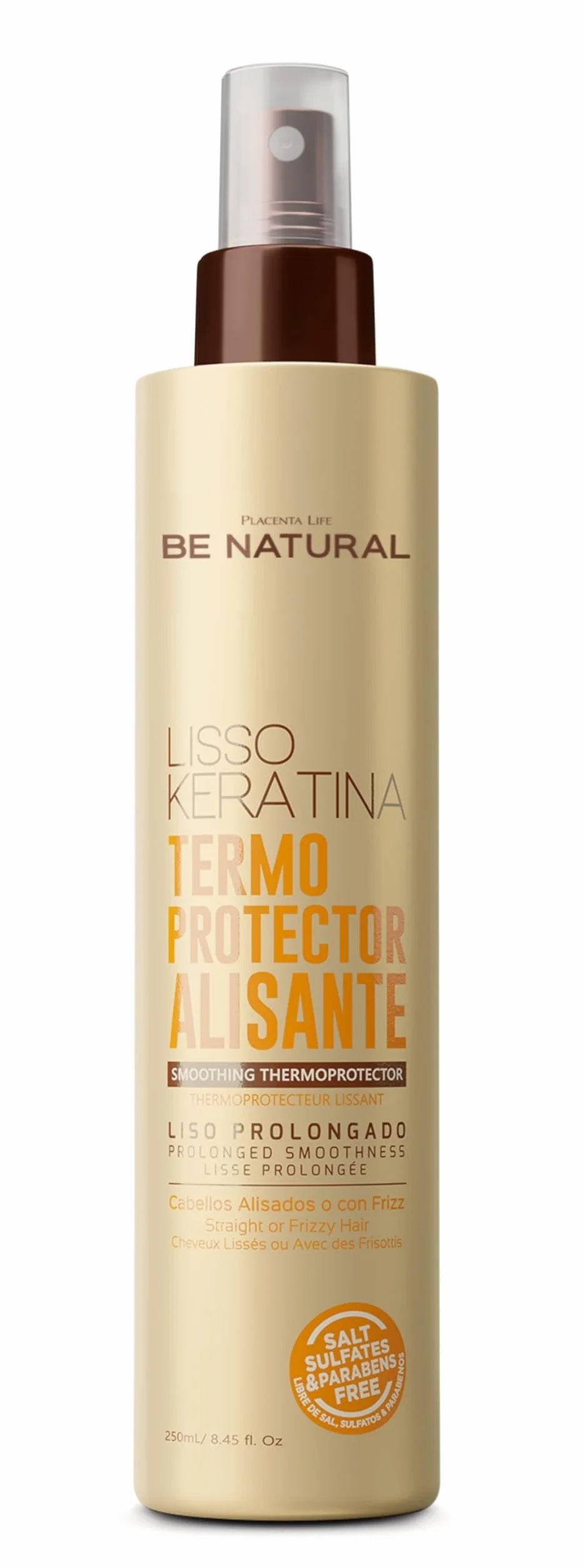 PLACENTA LIFE Be Natural Lisso Keratina Termoprotector Alisante 250 ml – Protección Térmica Control Frizz Brillo Suavidad Cabello Liso