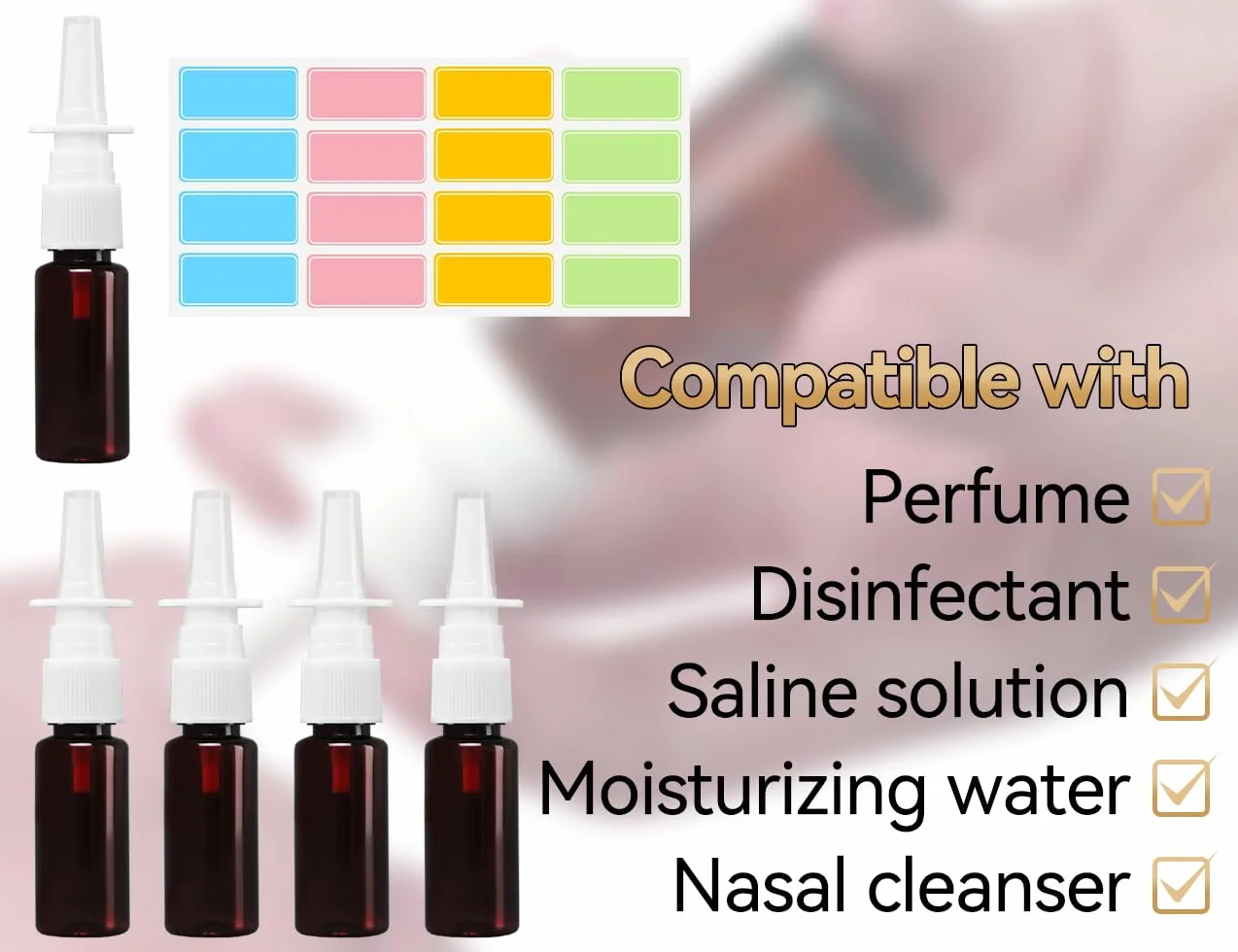 5 Botellas Vacías para Espray Nasal, Atomizadores Reutilizables con Embudo y Etiqueta, Marrón