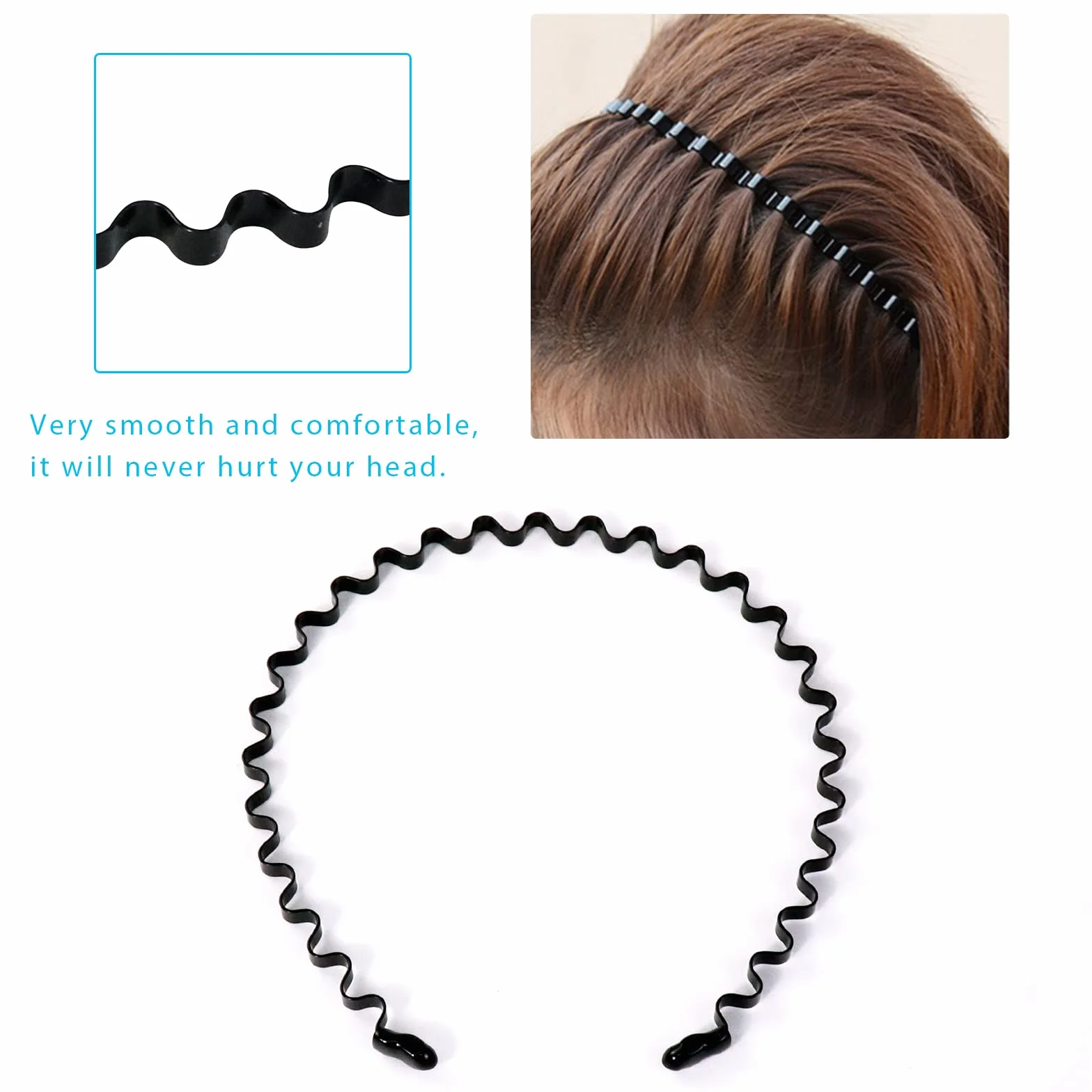 Diadema de Metal Negro Banda Pelo Ondulado Antideslizante Elástica para Yoga Deportes