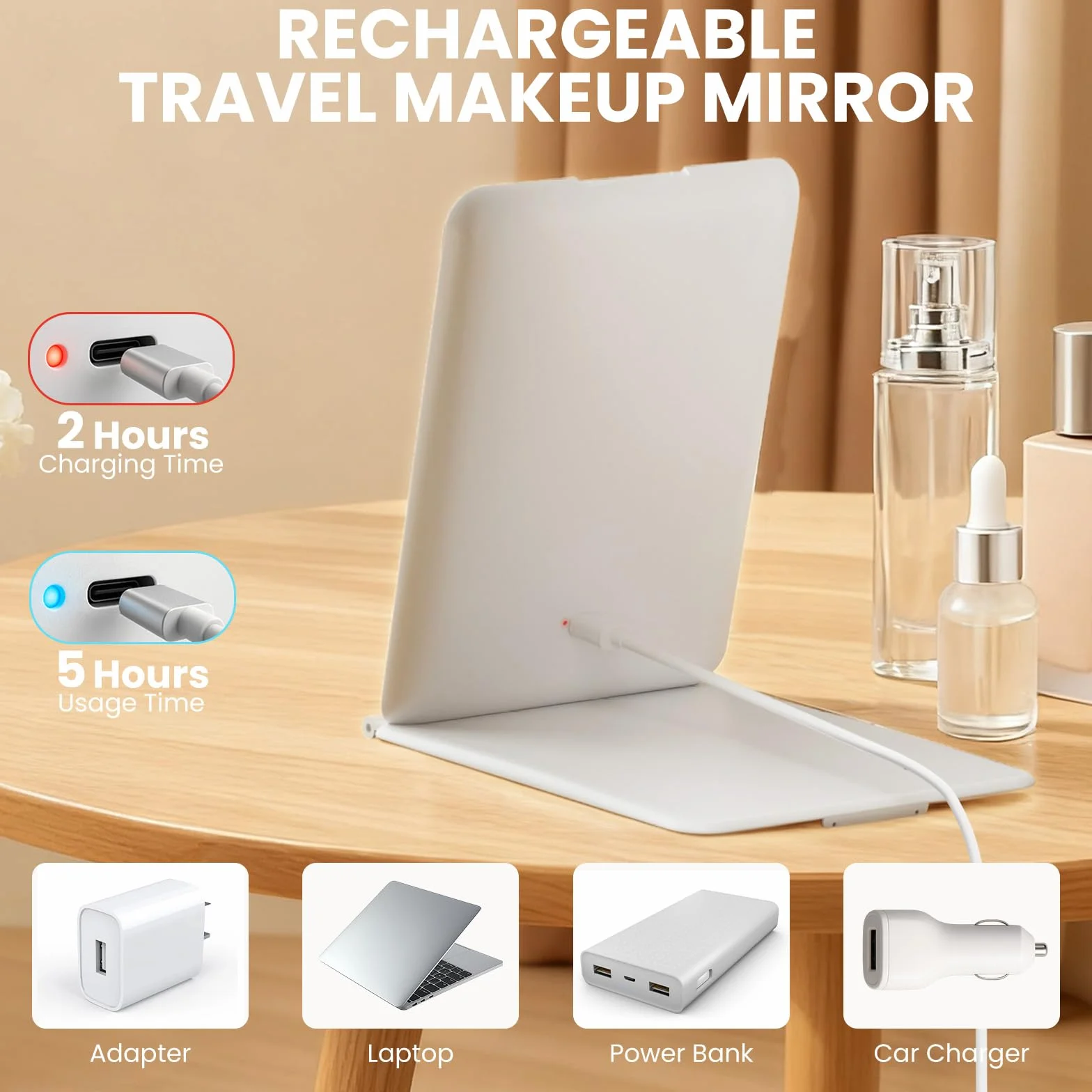 Espejo Maquillaje con Luz LED 3 Colores Brillo Ajustable 1500mAh Recargable Plegable con Memoria