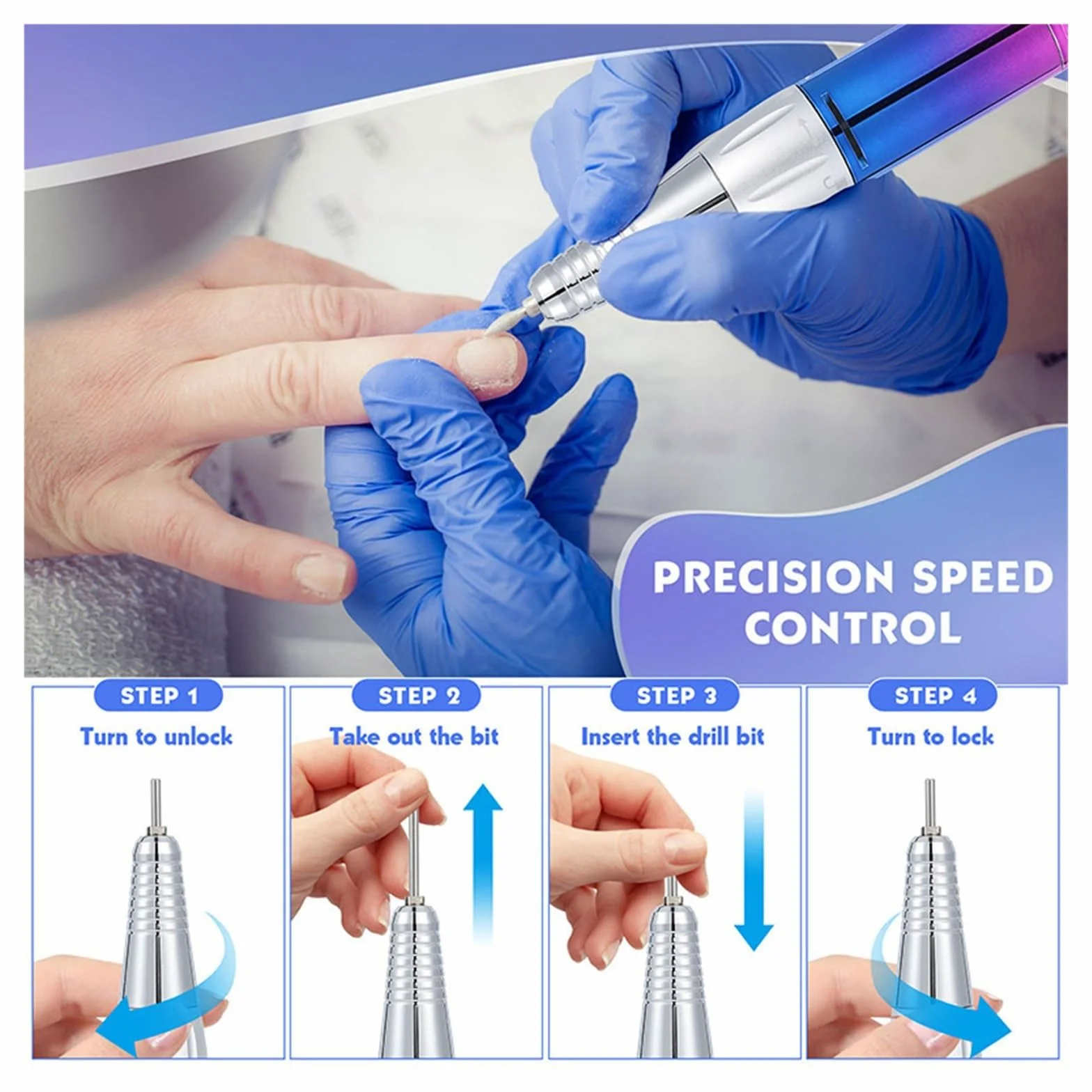 Torno de Uñas Eléctrico, Lijadora de uñas eléctrica sin escobillas, 35000RPM, taladro de uñas portátil profesional for pulir, molino de torno recargable for manicura(Purple)