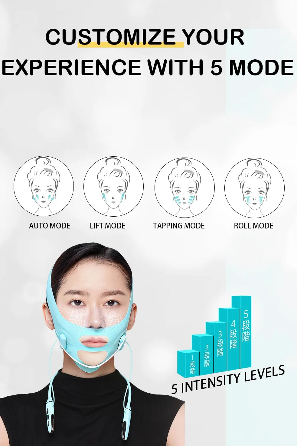 Cinturones faciales con correas ajustables, reductor de barbilla doble y dispositivo de elevación facial con 4 modos y 5 intensidades ajustables de engranajes, máquina inteligente de doble barbilla