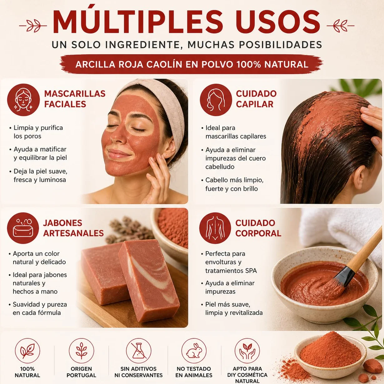 Arcilla Roja Cosmética en Polvo 100% Natural Portugal – Cuidado Facial y Corporal, Jabones DIY – 100 g