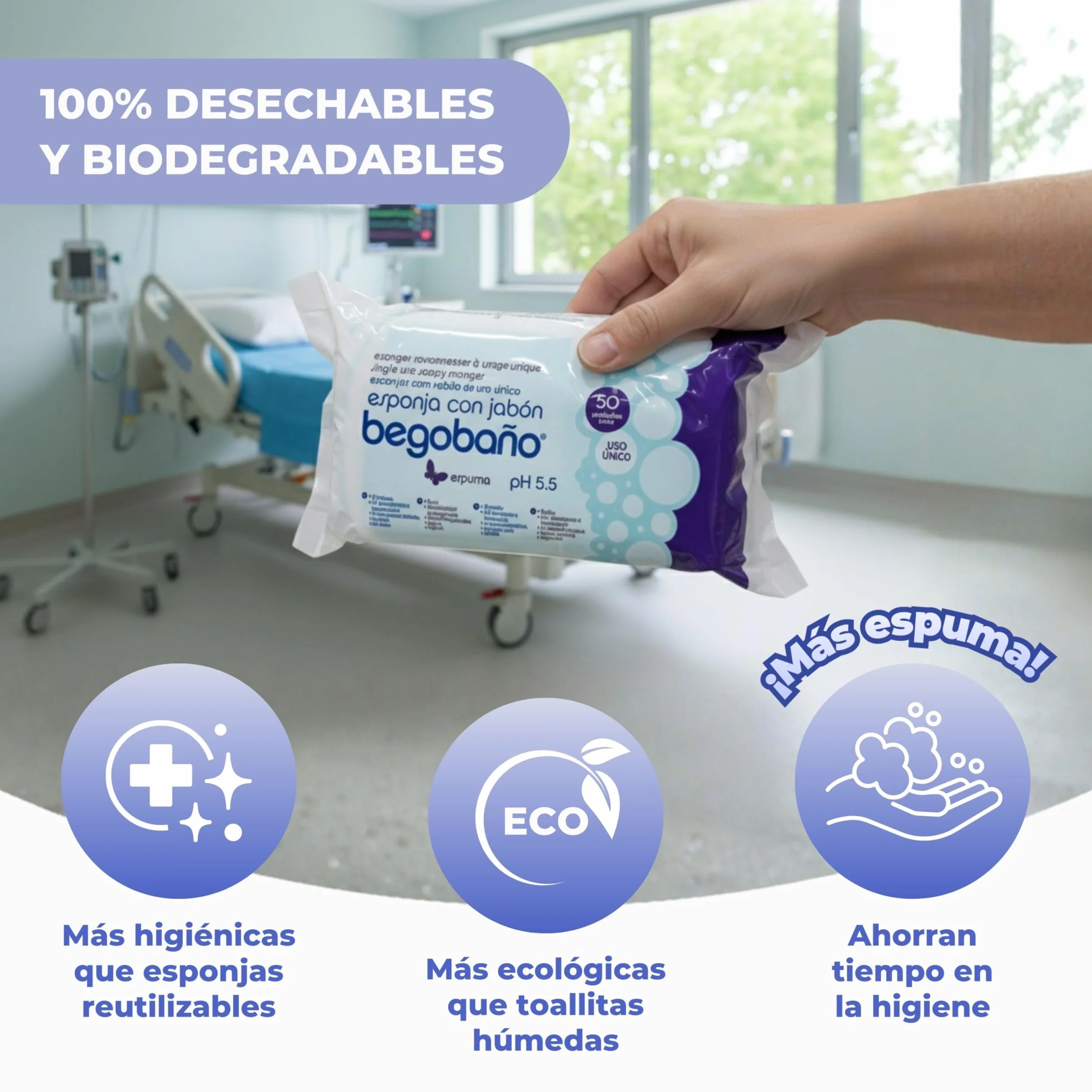 Begobaño Esponja Jabonosa Desechable 50 Unidades Hipoalergénico Gel Dermatológico