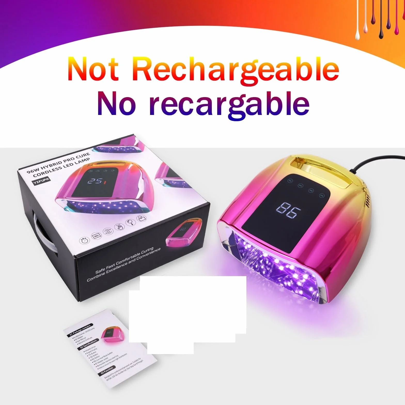 Lámpara LED para uñas, Lámpara UV for uñas de 96 W, no recargable, lámpara gel, secador LED con 4 temporizadores, sensor automático, curado rápido