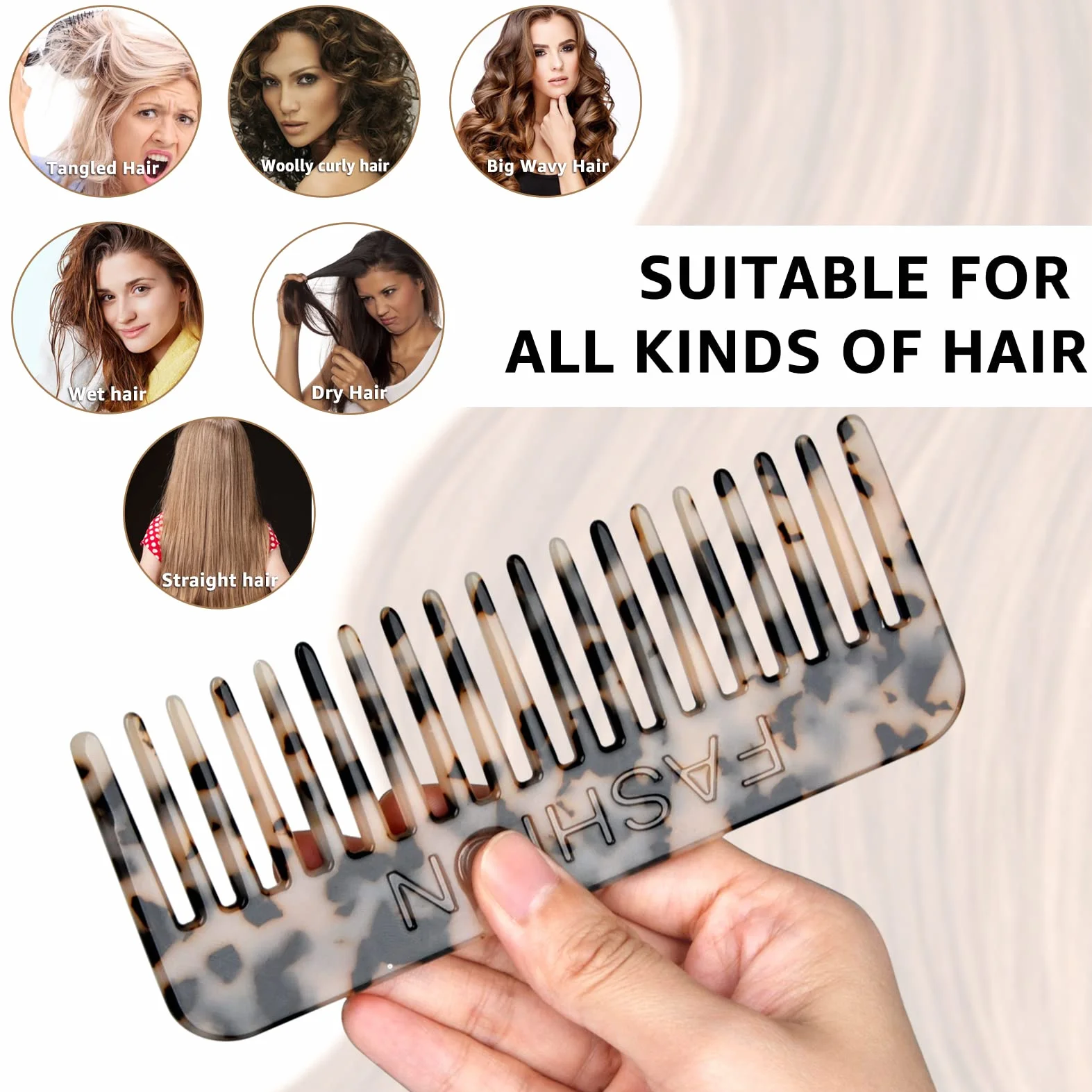 Peine Pelo Rizado 2 Piezas, Peine Púas Anchas Antienredos Antiestáticos para Cabello Largo Húmedo, Rizos, Marrón/Blanco