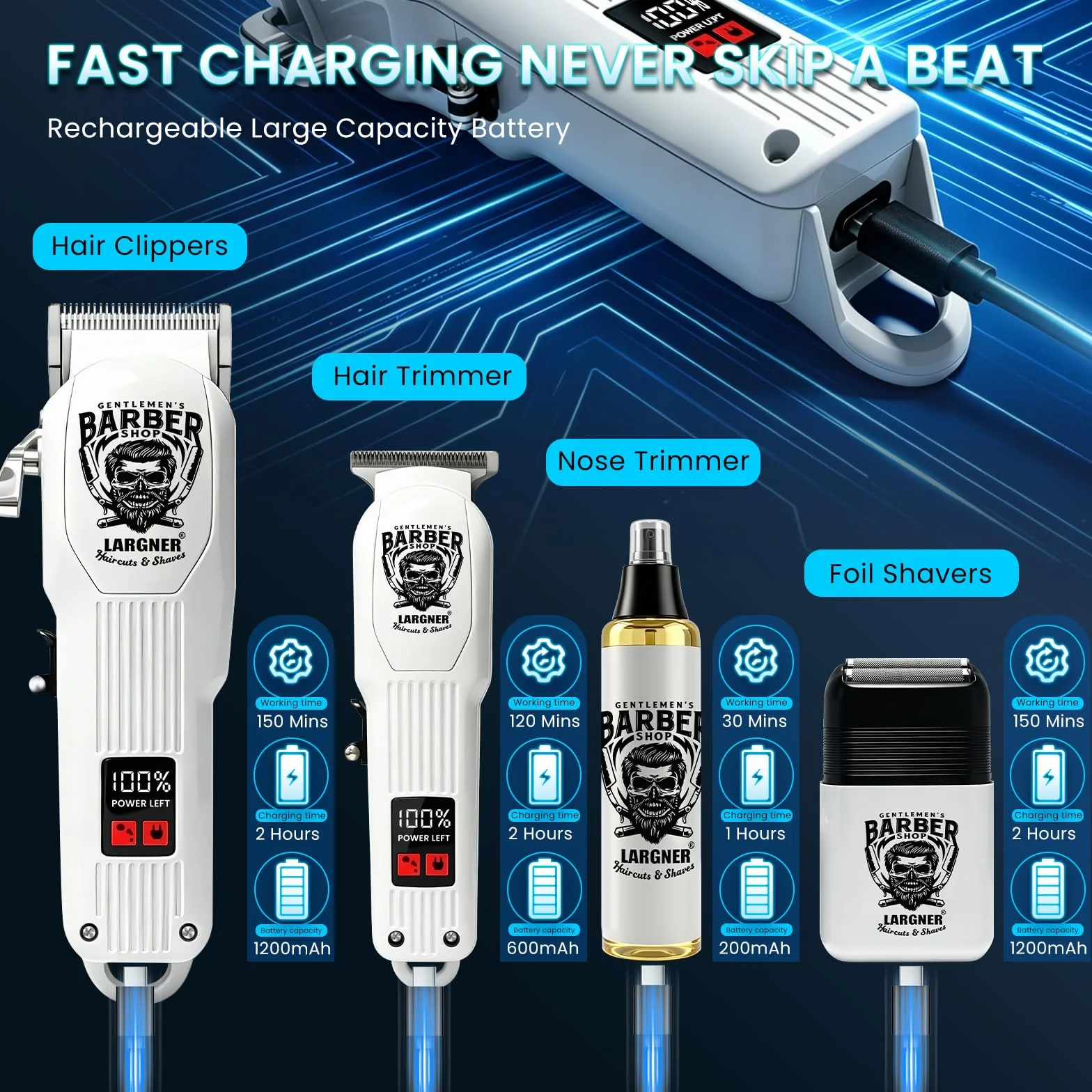 Cortapelos profesional inalámbrico recargable hombre, recortadora barba afeitadora eléctrica LCD 8 peines guía kit