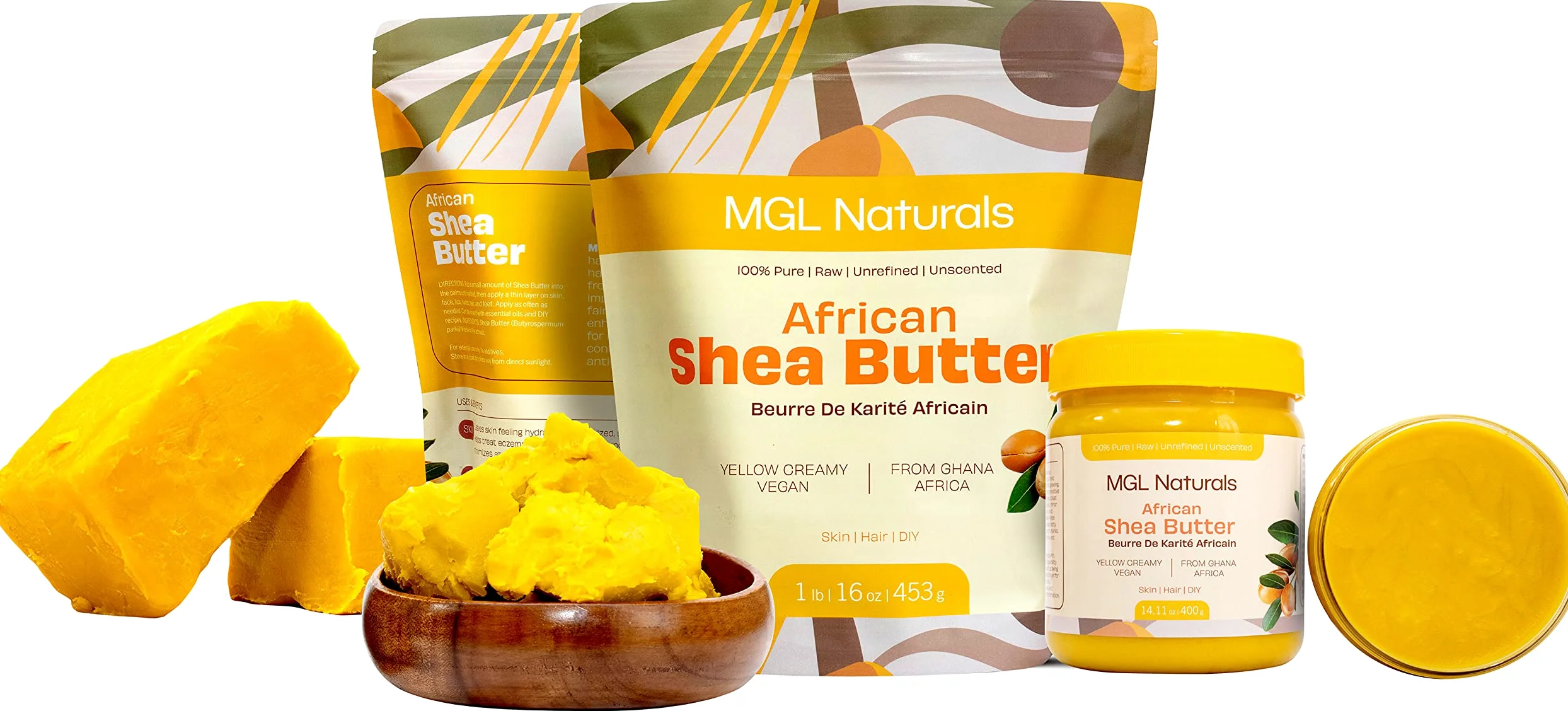 MGL Naturals, manteca de karité africana sin refinar, 100 % pura, cruda, vegana y orgánica. Nutritiva e hidratante. Úsalo solo o recetas de bricolaje. 1 kg