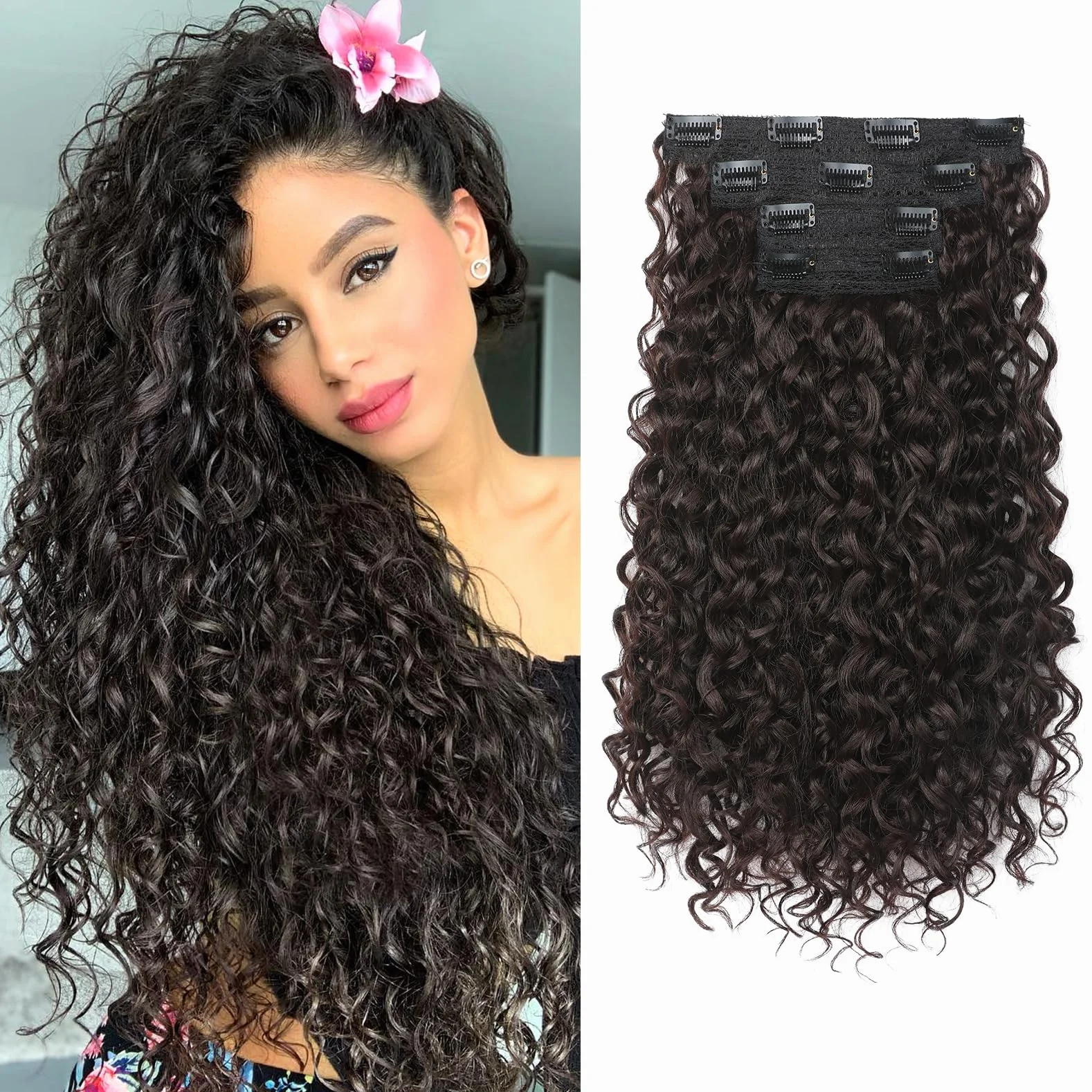 Extensiones de pelo con clip 4 piezas 100% seda de proteínas puras 40 cm rizadas color marrón oscuro