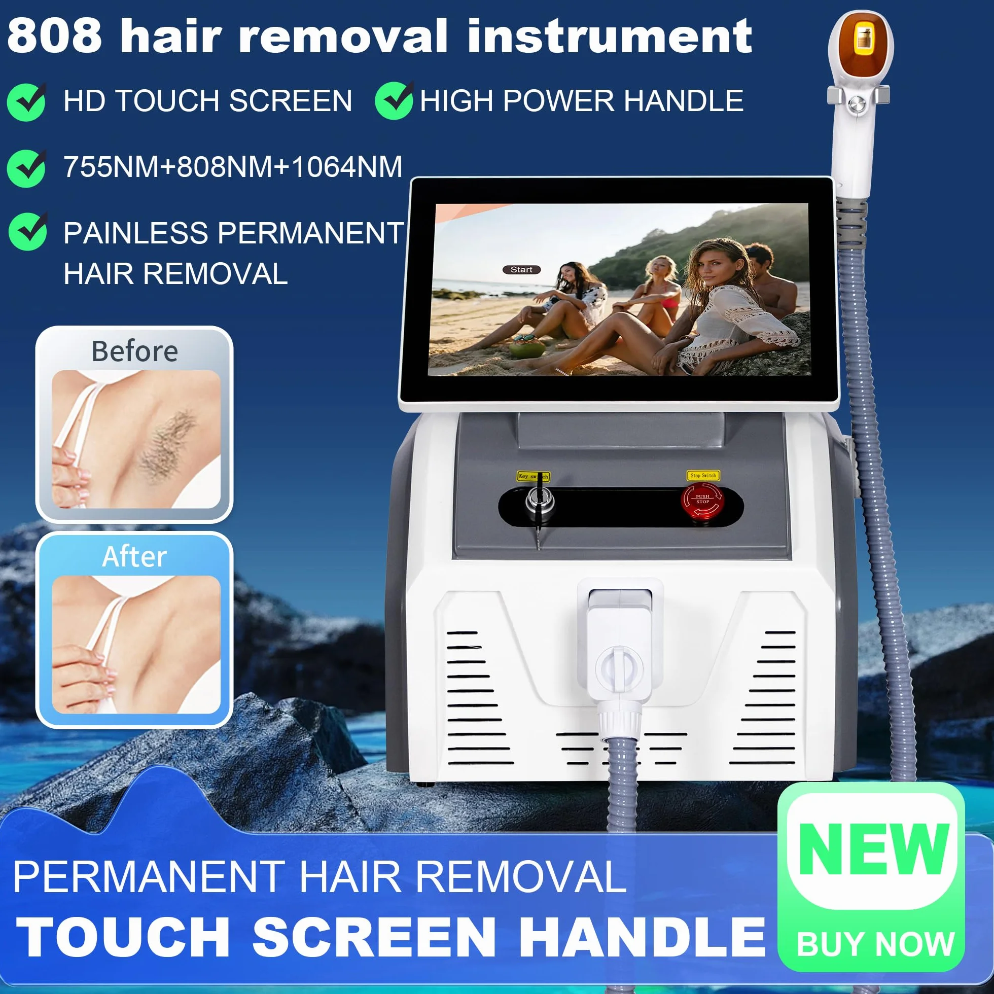 Dispositivo de depilación láser de diodo 808nm 3 en 1 755nm+1064nm con refrigeración pantalla táctil HD