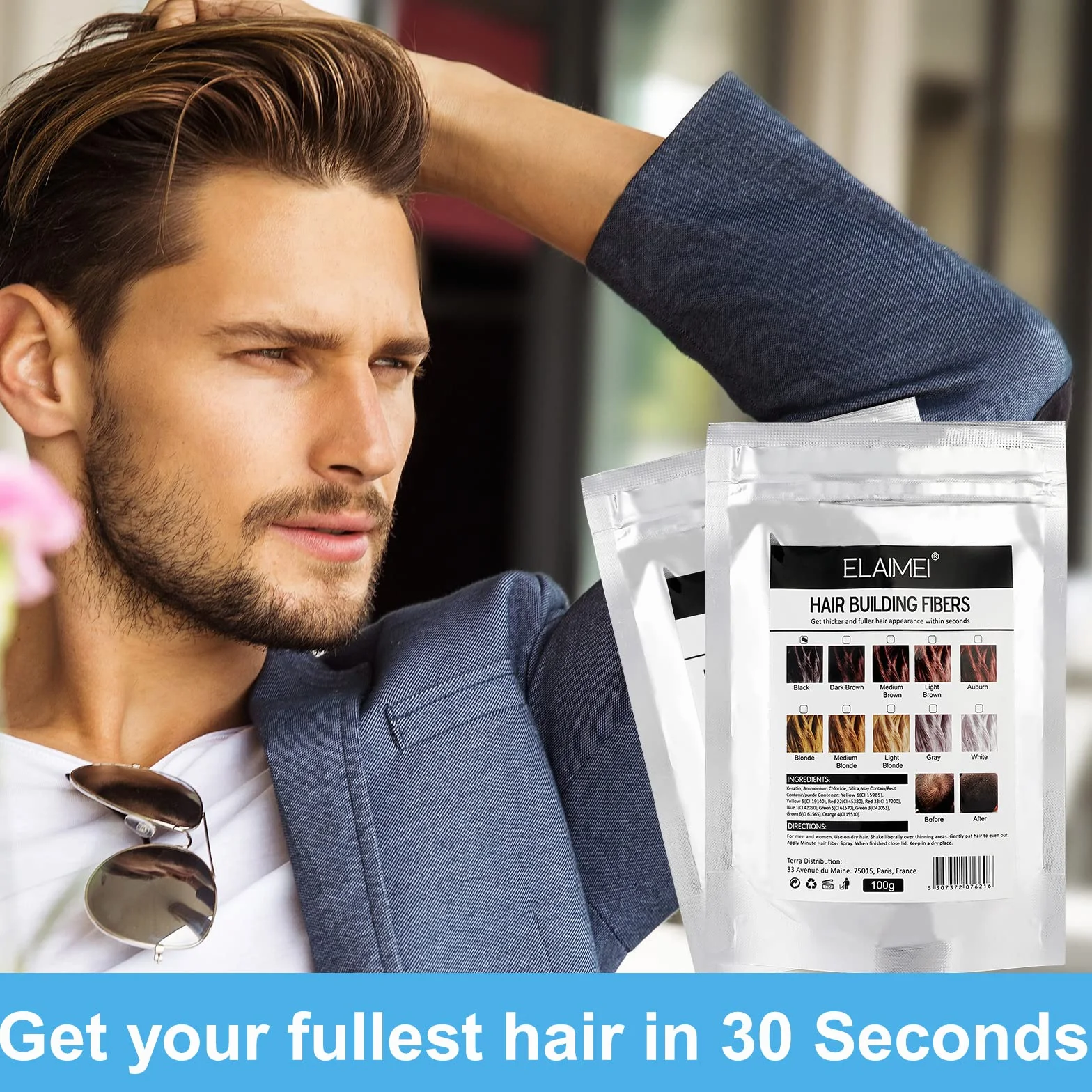 Fibra para el cabello de queratina, polvo capilar especial hombres y mujeres, Marrón oscuro 100G