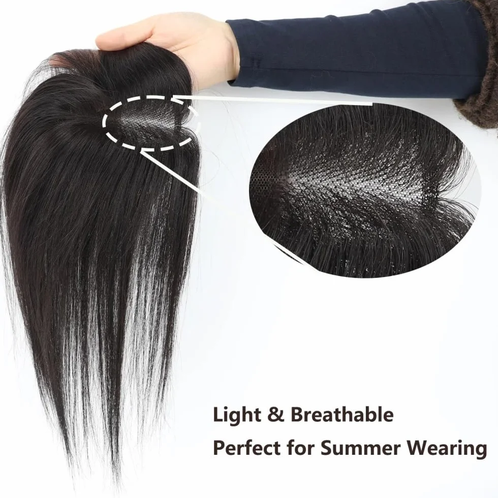 Topper para cabello humano 8x11 cm Base de encaje suizo Posticci atado a mano transpirable ajustable con raya para mujeres con cabello delgado Extensiones de pelo (marrón oscuro)