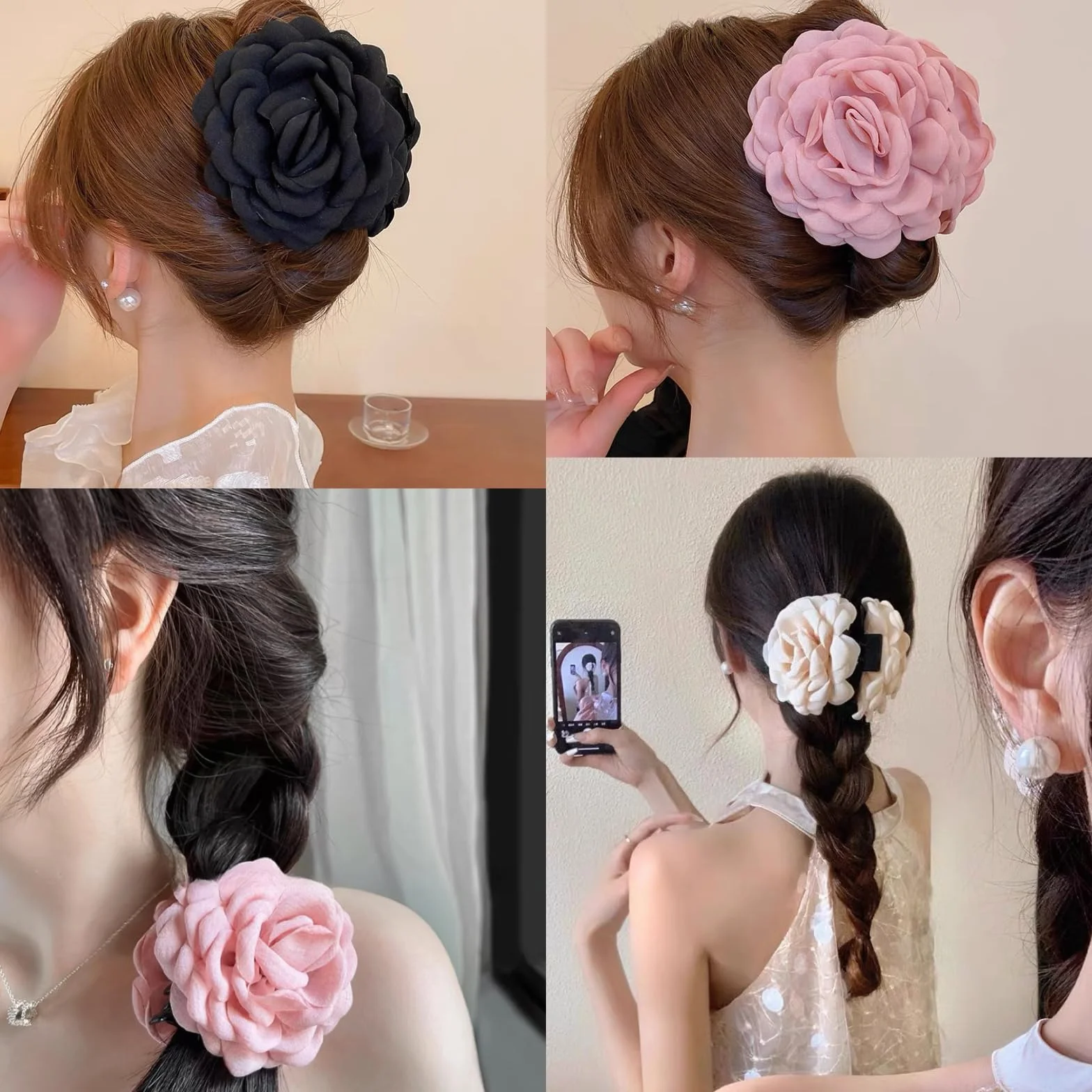 Juego de 3 pinzas grandes para el pelo diseño rosa negro beige claro