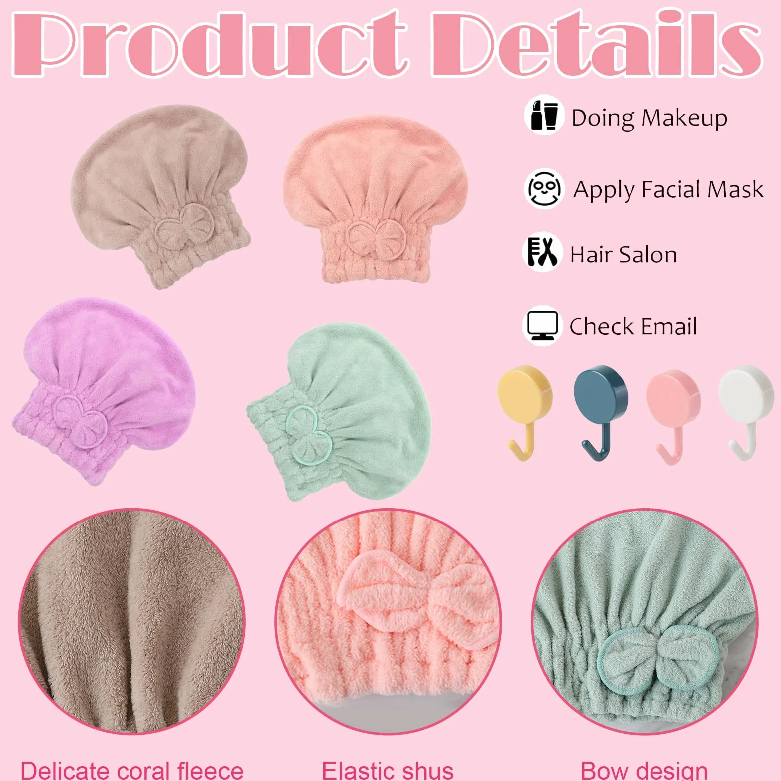 Pack 4 Toallas Microfibra con Lazo para Cabello Secado Rápido, Colores Pastel