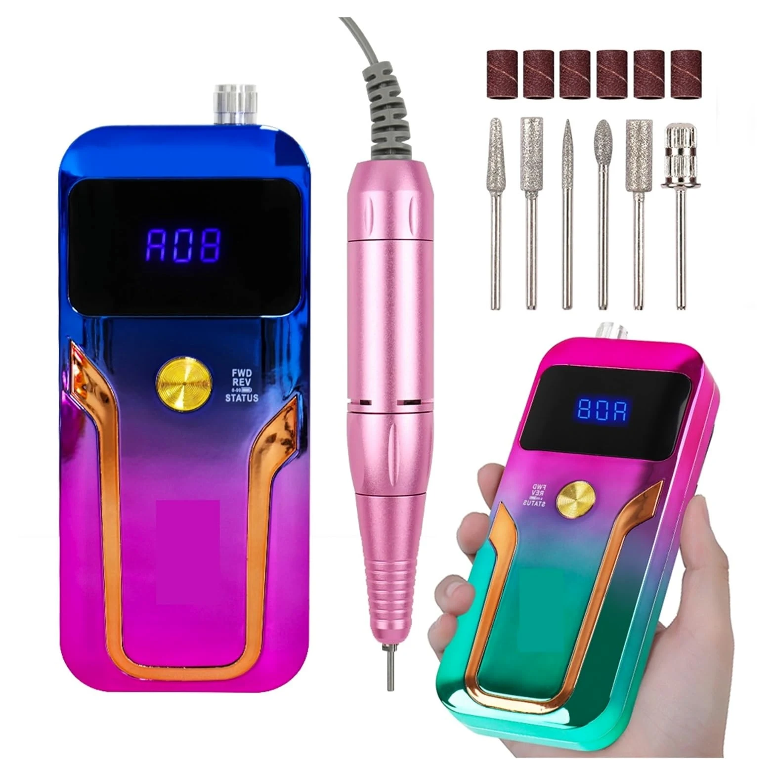 Torno para Uñas, Taladro eléctrico for uñas, 35000RPM, recargable, profesional, juego de fresas for manicura con pantalla LED, broca for limas de uñas(Blauw)