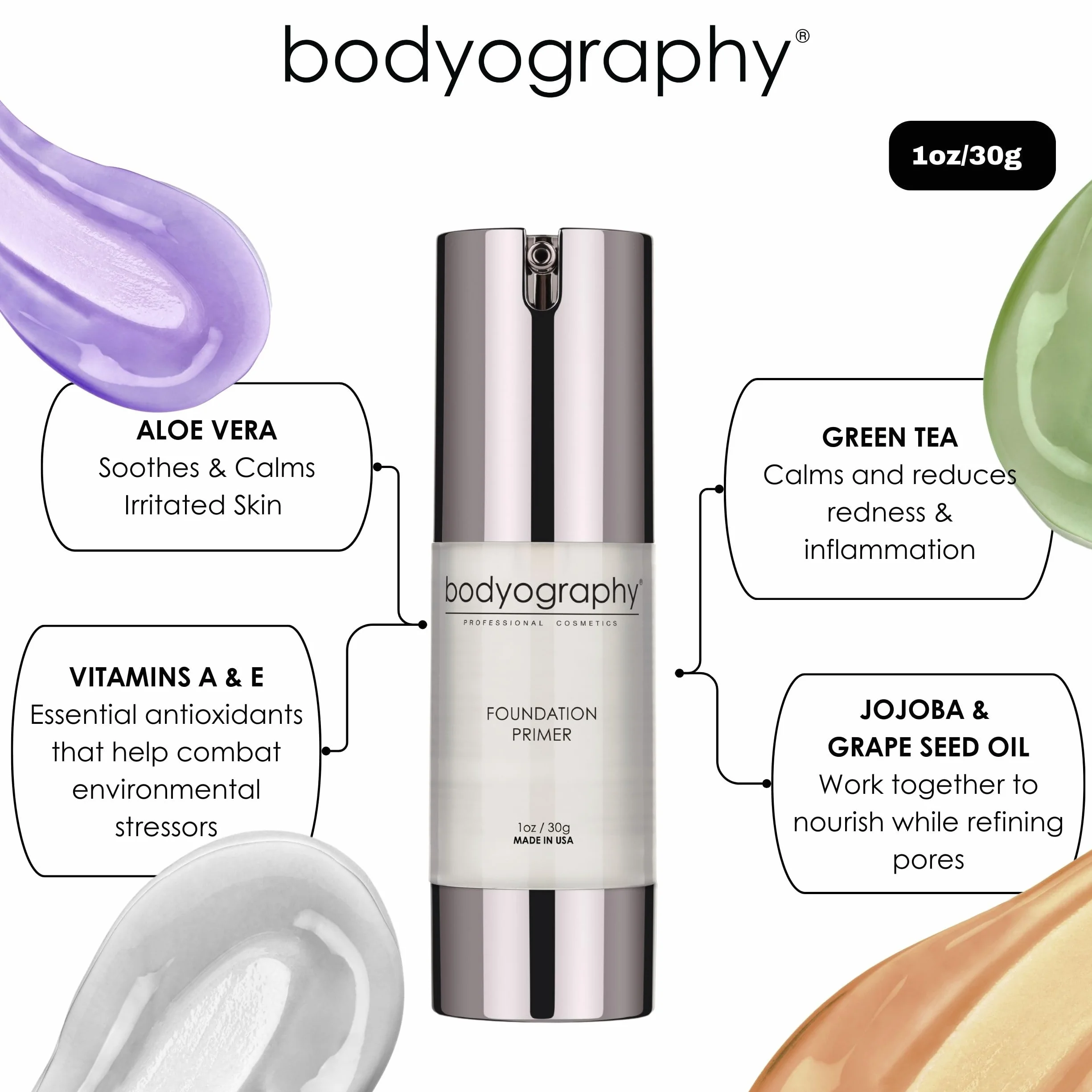 Bodyography Foundation Primer (Clear): Primer de maquillaje de salón antienvejecimiento con vitamina E, A, jojoba, aceite de semilla de uva, 1 oz