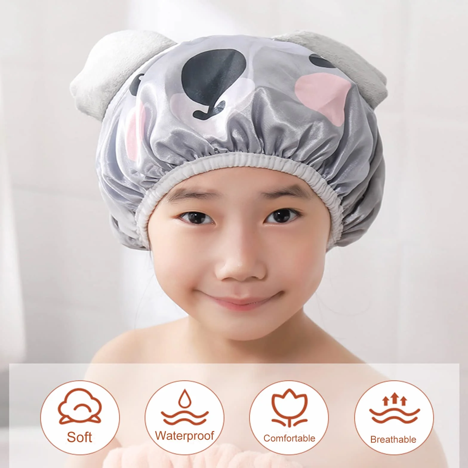 Gorros de baño reutilizables diseñados para bebés, niños, pelo largo/grueso, lindo, impermeable, dibujos animados, animal, gorro de baño de doble capa para niños, niñas y mujeres (pollo amarillo