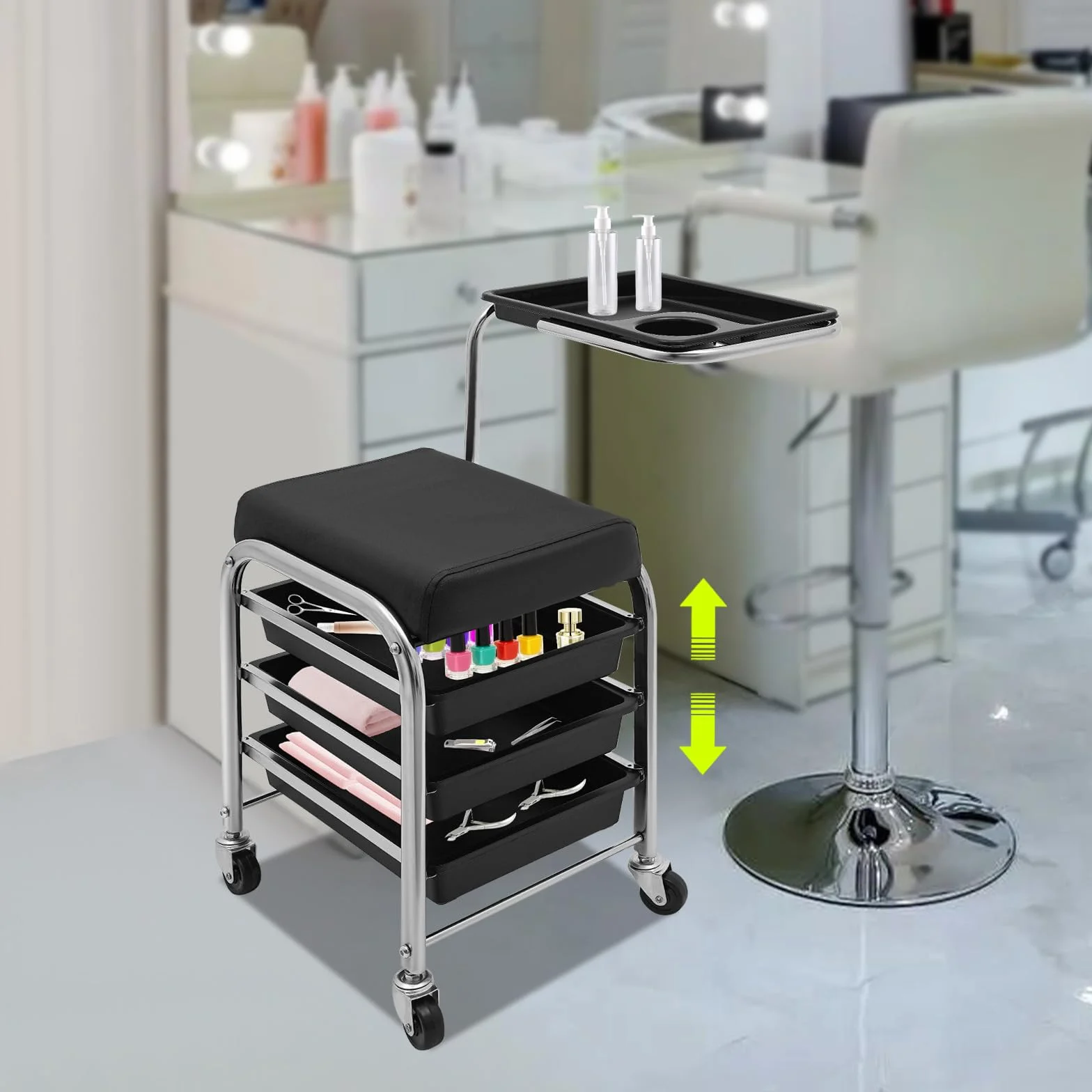 Carrito de peluquería 3 niveles altura ajustable 53-77 cm 4 ruedas negro