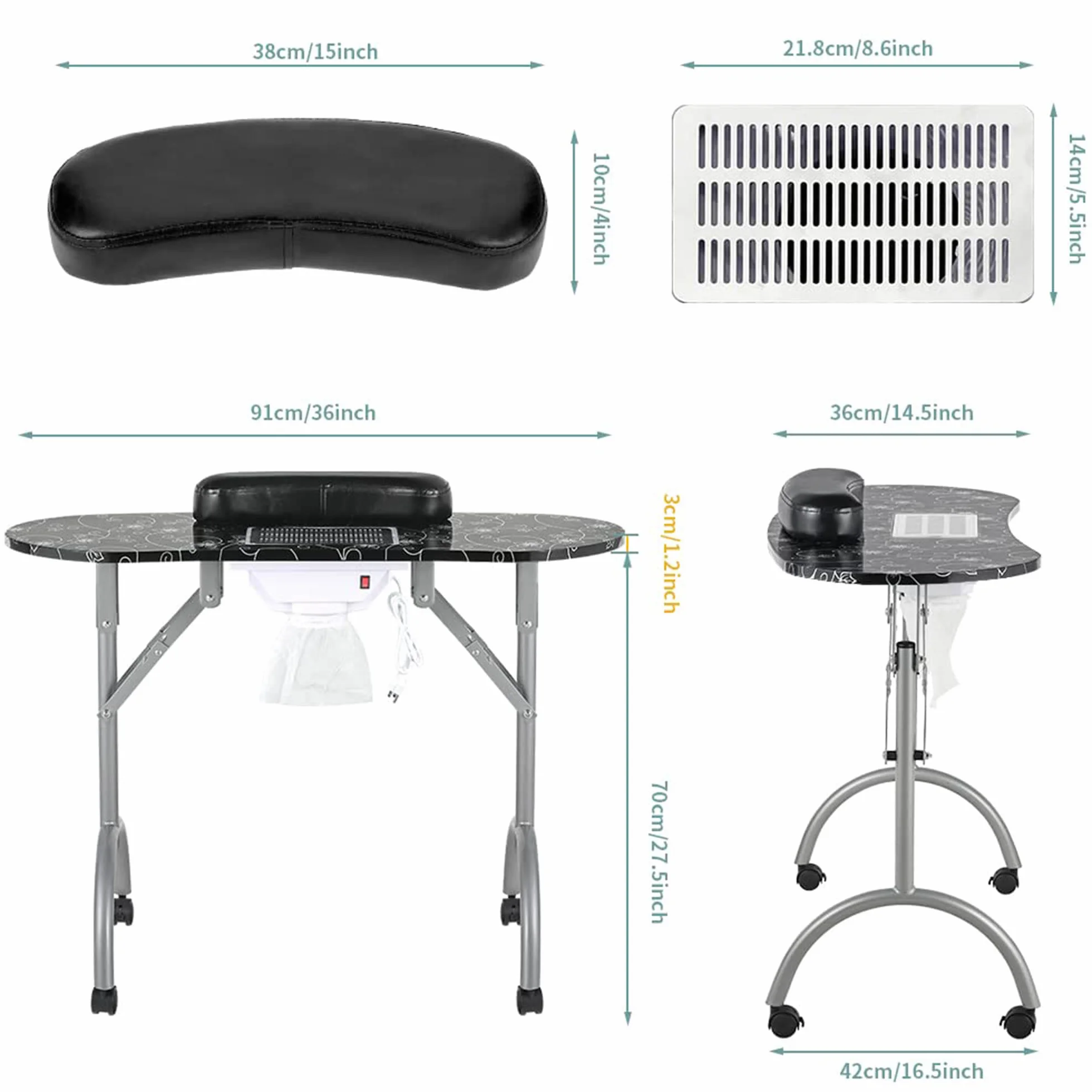 Leibau35 'l manicura plegable y transpirable manicura manicura estación de trabajo Salón Spa con Luz LED USB amplificada, aspiradora de ventilador, esponja, bolso