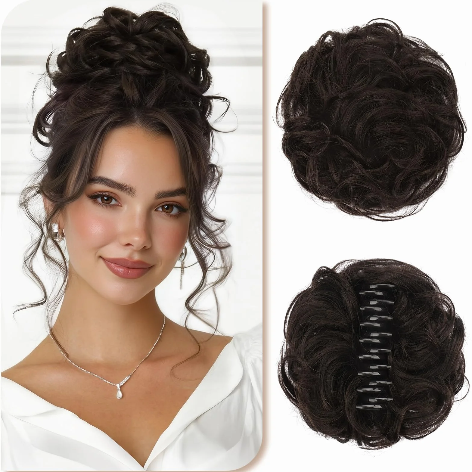 Moño de Cabello Humano Rizado y Esponjoso con Pinza, Extensiones de Cabello con Clip para Mujeres