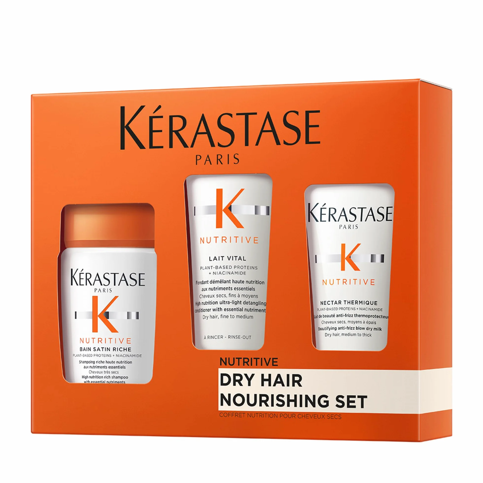 Kérastase Nutritive Kit Rutina Nutritiva Champú Bain Satin Riche 80ml Acondicionador Lait Vital 75ml Loción Nectar Thermique 50ml Cabello Seco