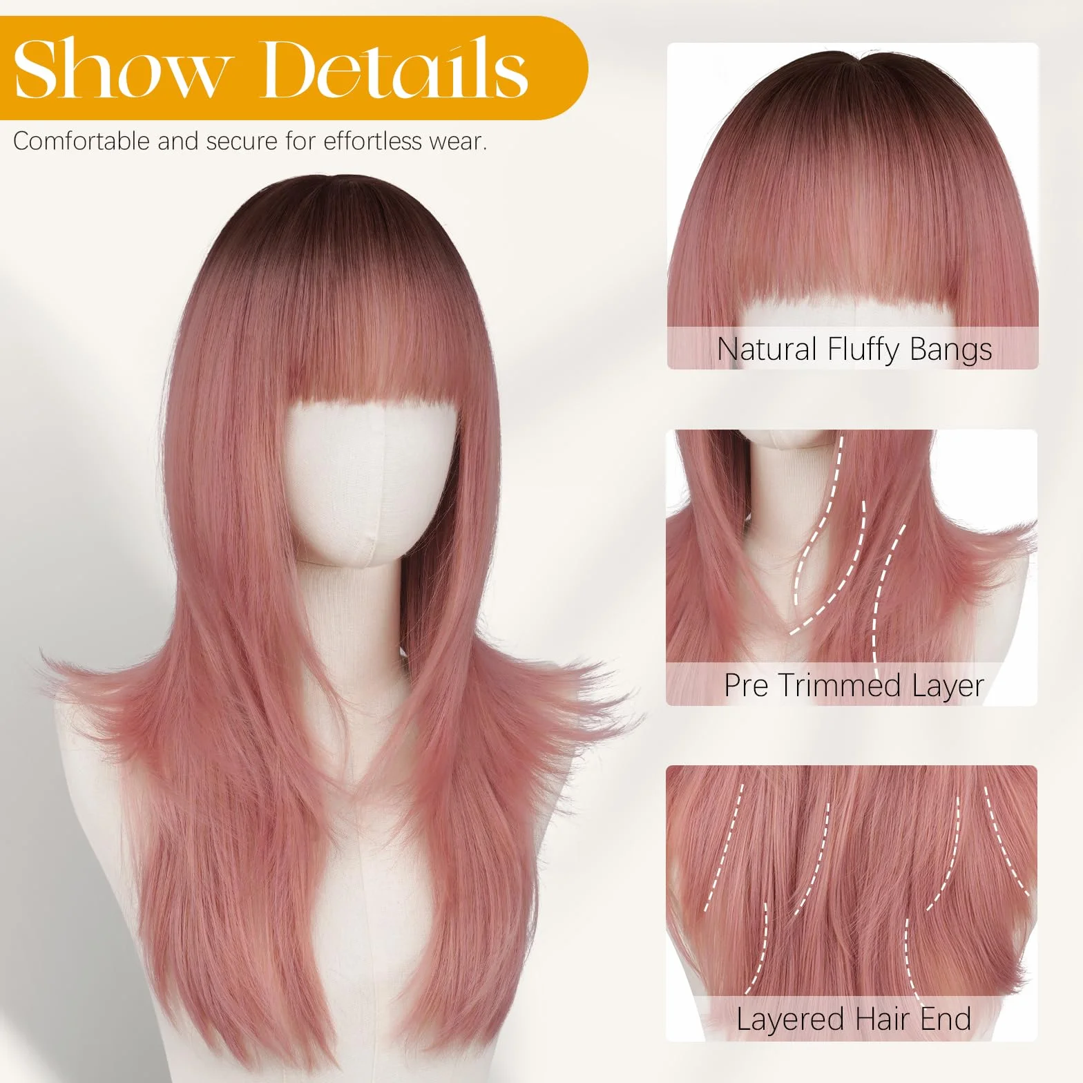 Pelucas Largas en Capas con Flequillo Resistente al Calor Sintético para Mujer Halloween Fiesta Rosa